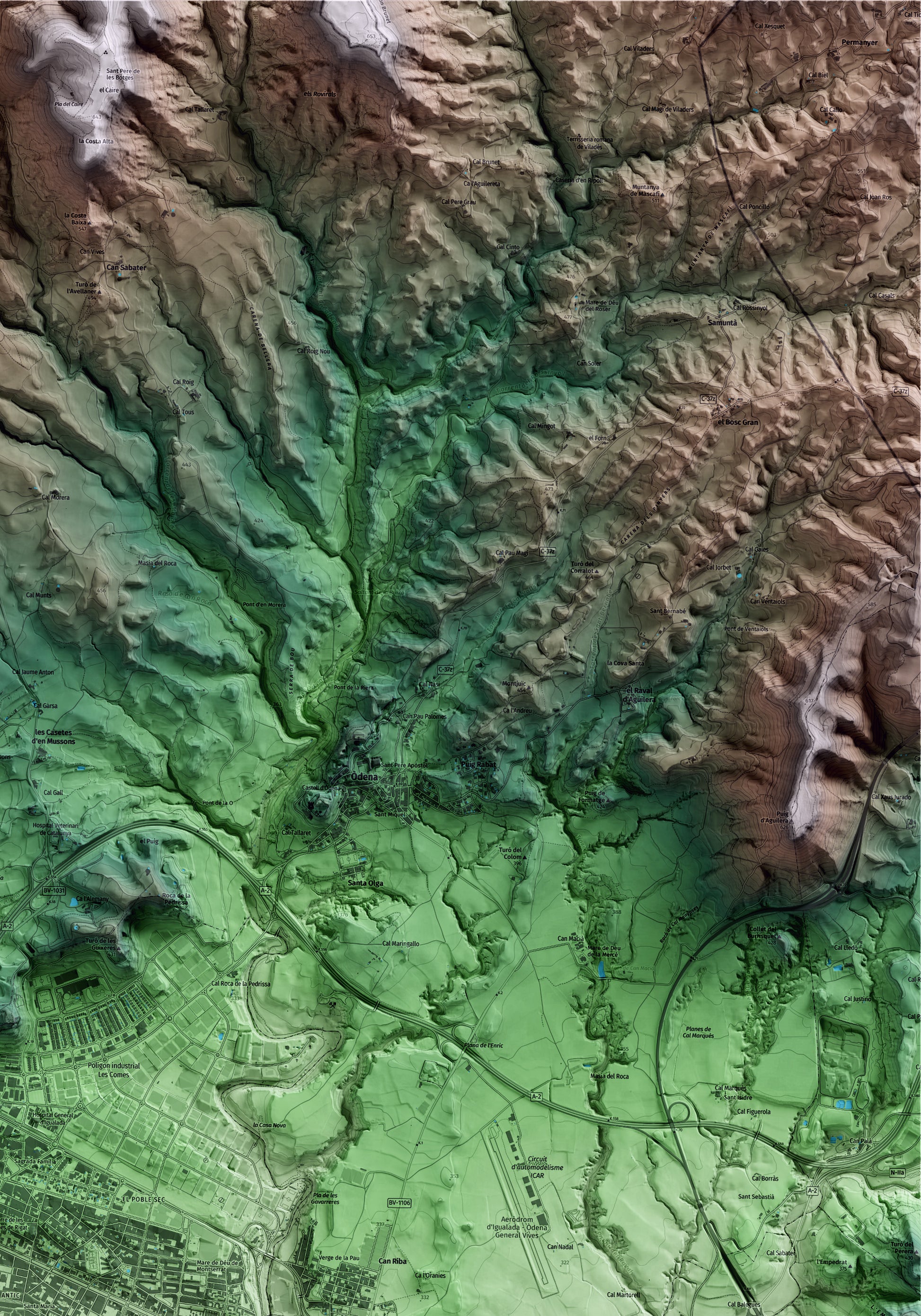Mapa artístico del relieve de Igualada, al Anoia, con 15 km de entorno y base topográfica ICGC. Detalle de la zona superior derecha.