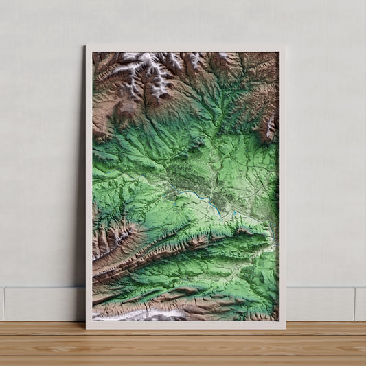 Mapa artístico del relieve de Igualada, al Anoia, con 15 km de entorno y base topográfica ICGC. Presentación enmarcada.