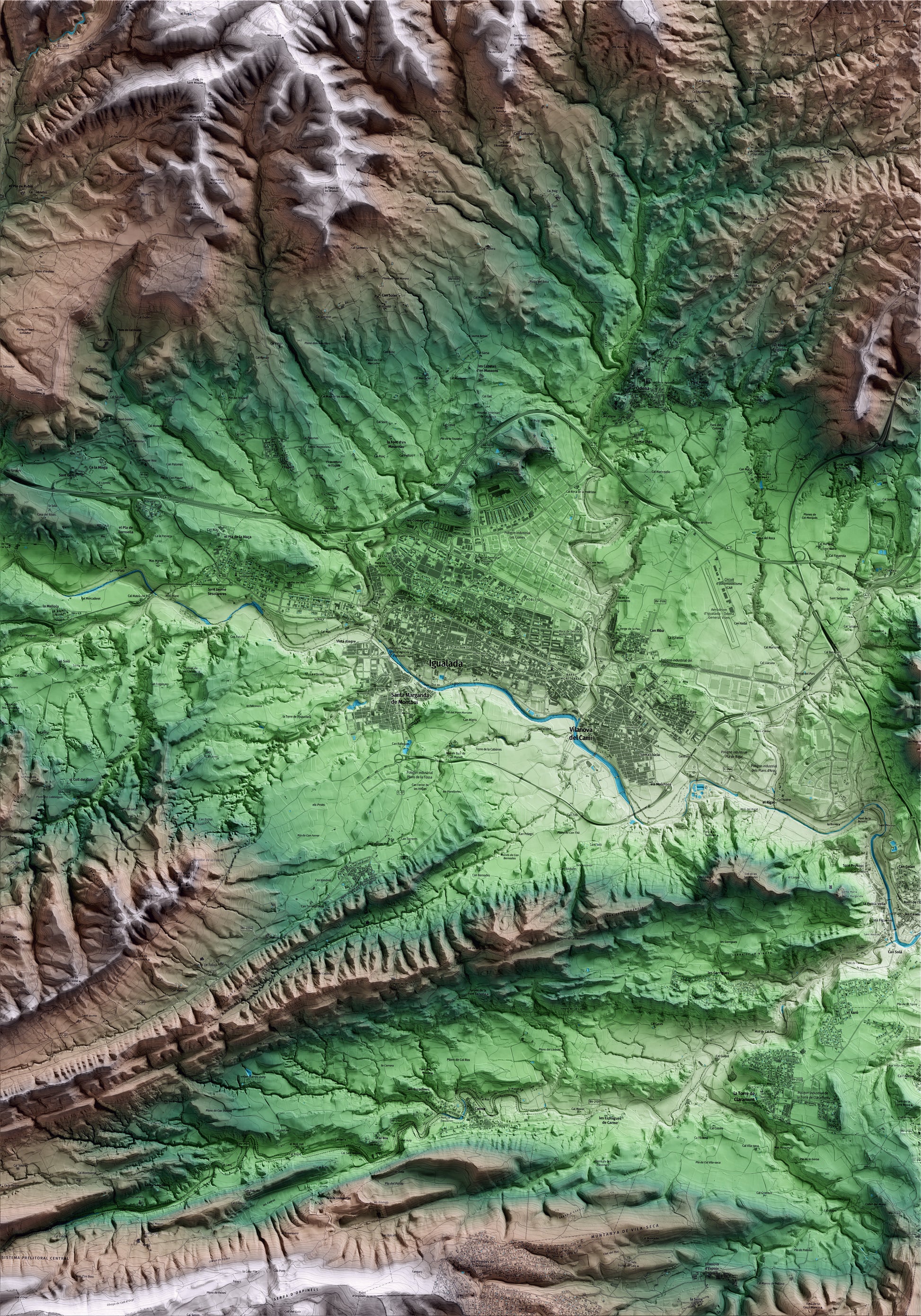 Mapa artístico del relieve de Igualada, al Anoia, con 15 km de entorno y base topográfica ICGC