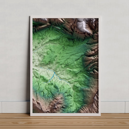 Mapa artístico del relieve de Isona i Conca Dellà, al Pallars Jussà, con 15 km de entorno y base topográfica ICGC. Presentación enmarcada.