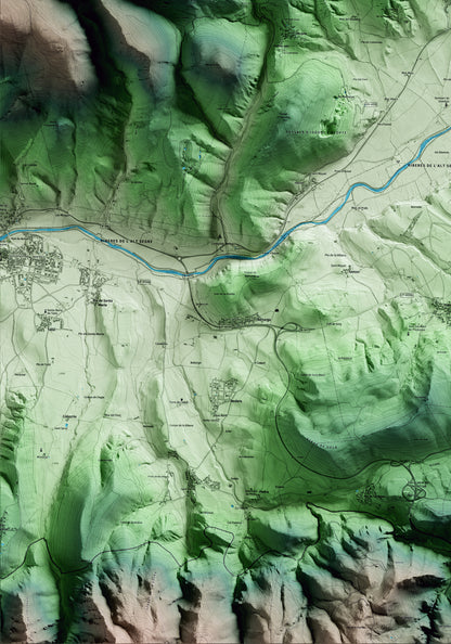 Mapa artístico del relieve de Isòvol, a la Cerdanya, con 15 km de entorno y base topográfica ICGC. Detalle de la zona inferior izquierda.