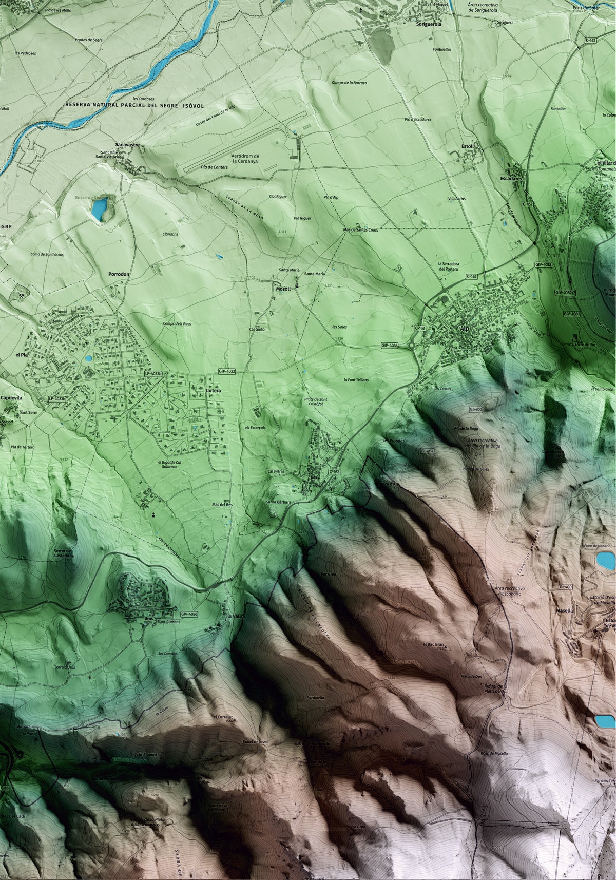 Mapa artístico del relieve de Isòvol, a la Cerdanya, con 15 km de entorno y base topográfica ICGC. Detalle de la zona inferior derecha.