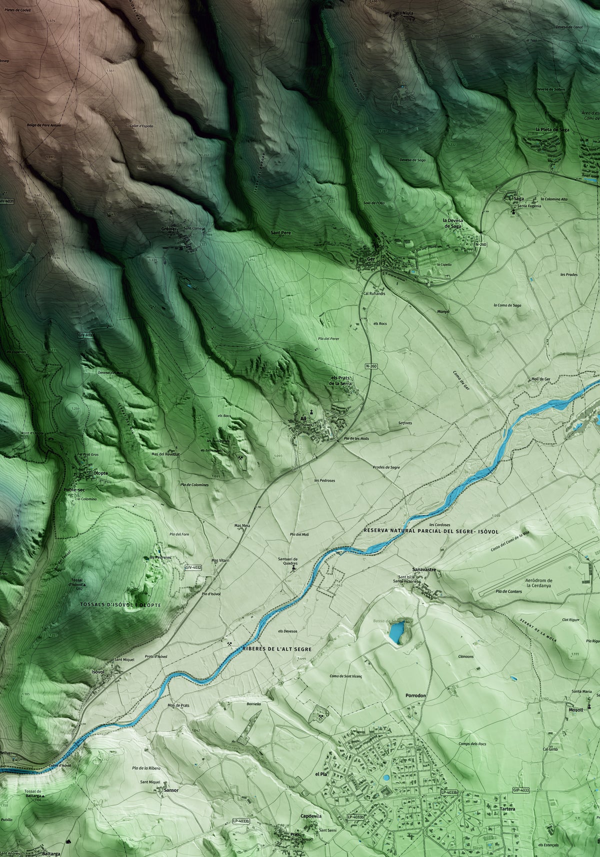 Mapa artístico del relieve de Isòvol, a la Cerdanya, con 15 km de entorno y base topográfica ICGC. Detalle de la zona central.