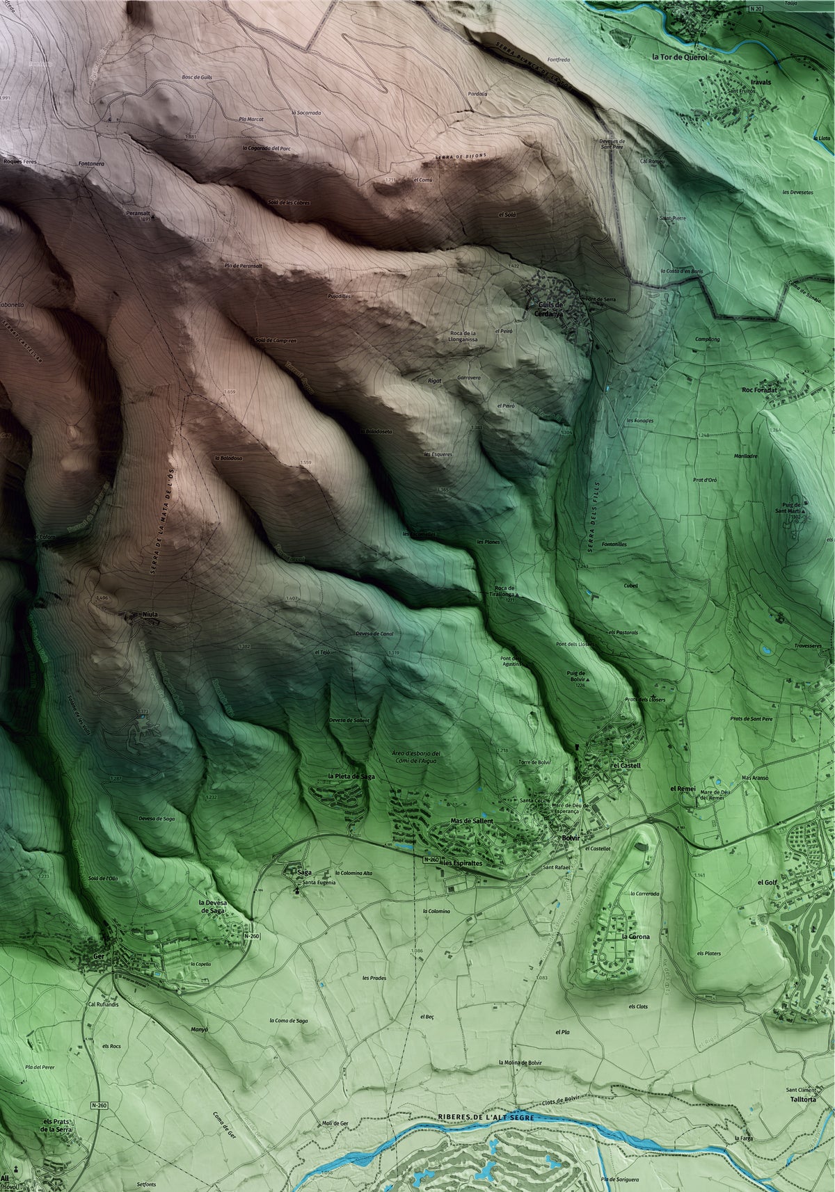 Mapa artístico del relieve de Isòvol, a la Cerdanya, con 15 km de entorno y base topográfica ICGC. Detalle de la zona superior derecha.