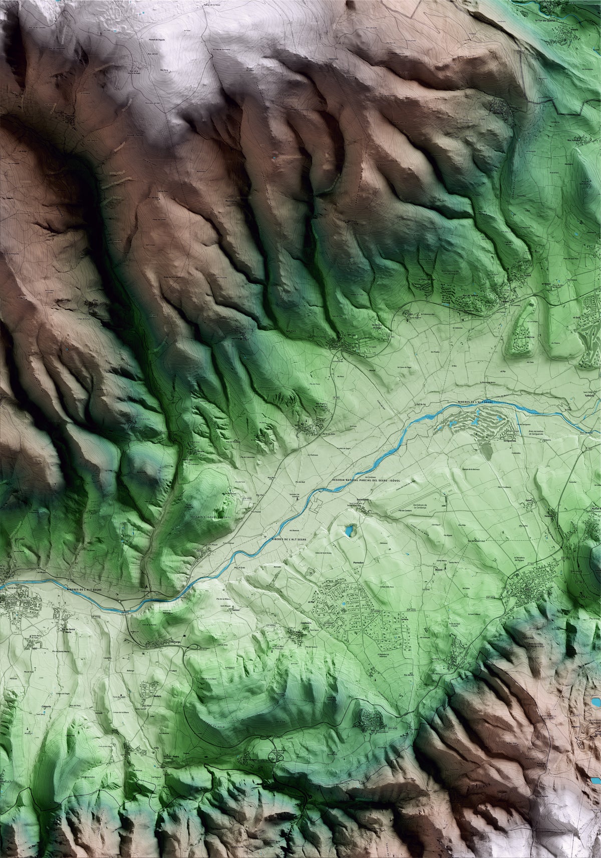 Mapa artístico del relieve de Isòvol, a la Cerdanya, con 15 km de entorno y base topográfica ICGC
