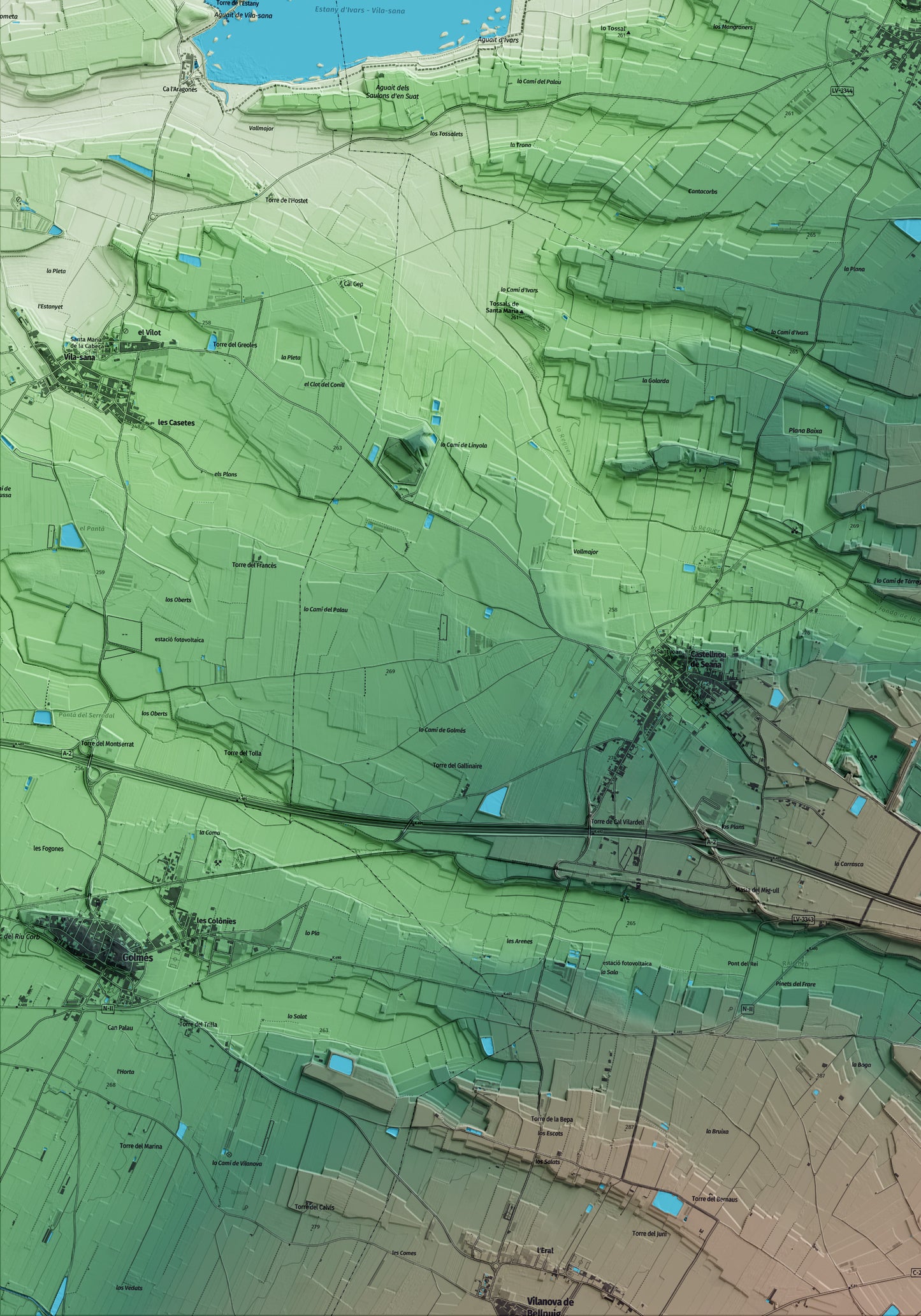 Mapa artístico del relieve de Ivars d'Urgell, en el Pla d'Urgell, con 15 km de entorno y base topográfica ICGC. Detalle de la zona inferior izquierda.