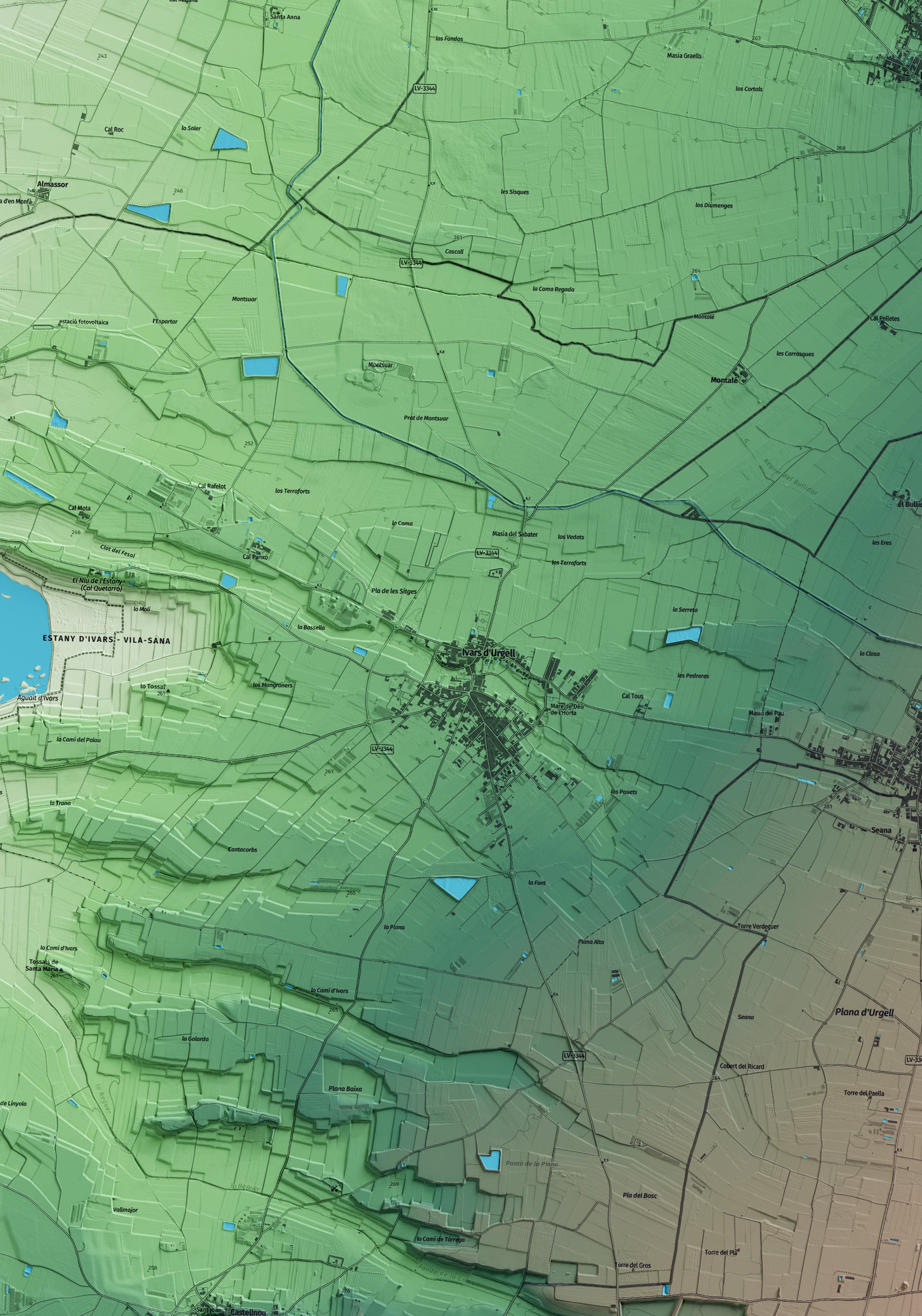 Mapa artístico del relieve de Ivars d'Urgell, en el Pla d'Urgell, con 15 km de entorno y base topográfica ICGC. Detalle de la zona central.