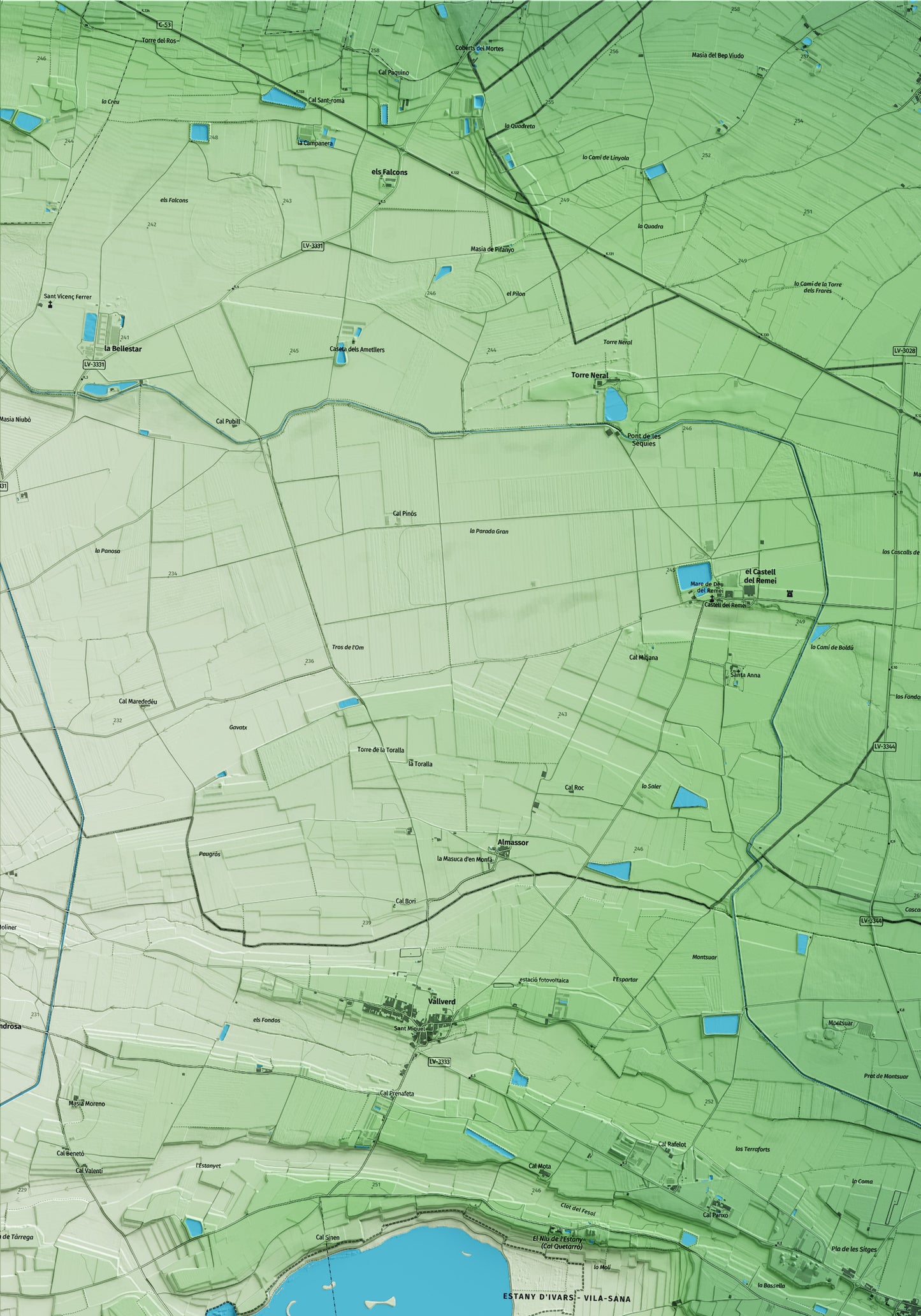 Mapa artístico del relieve de Ivars d'Urgell, en el Pla d'Urgell, con 15 km de entorno y base topográfica ICGC. Detalle de la zona superior izquierda.