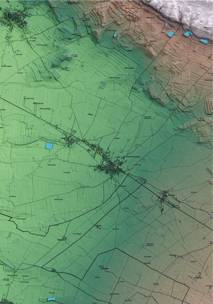 Mapa artístico del relieve de Ivars d'Urgell, en el Pla d'Urgell, con 15 km de entorno y base topográfica ICGC. Detalle de la zona superior derecha.