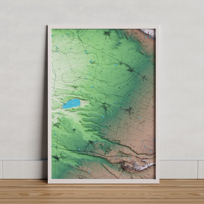 Mapa artístico del relieve de Ivars d'Urgell, en el Pla d'Urgell, con 15 km de entorno y base topográfica ICGC. Presentación enmarcada.