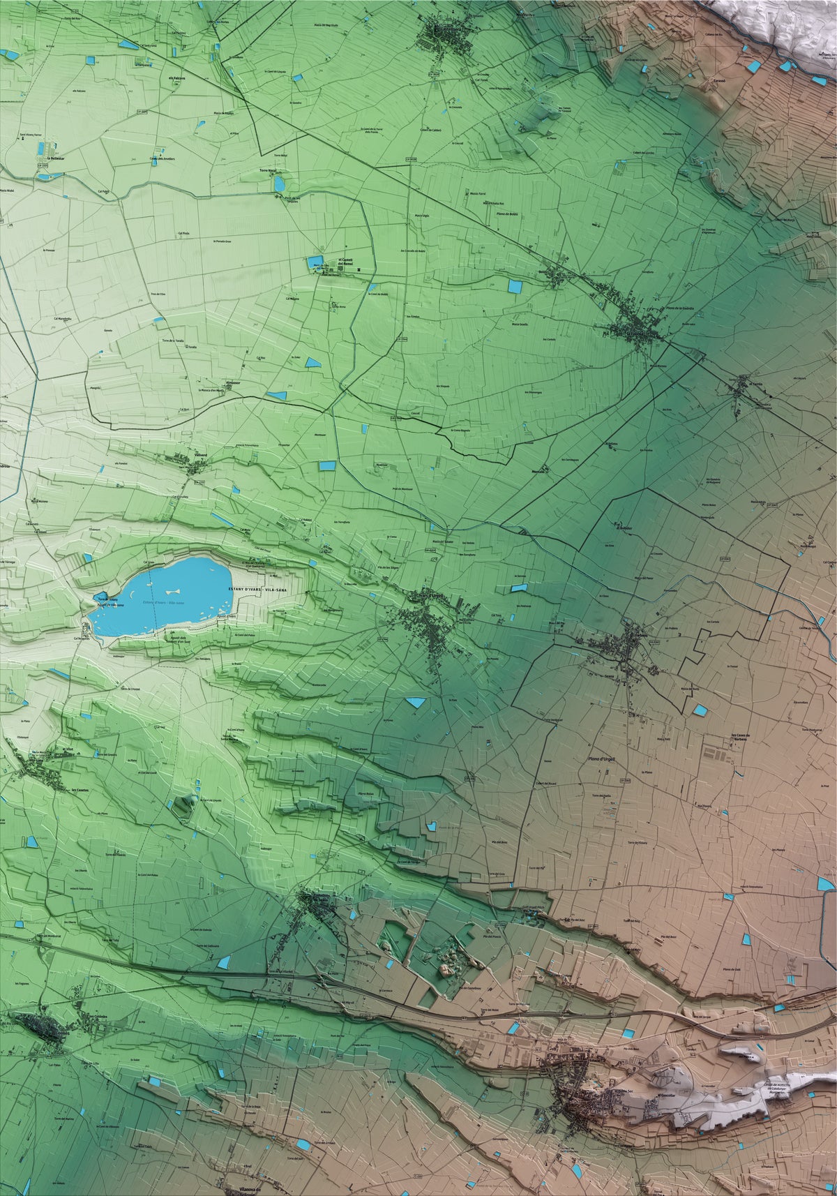 Mapa artístico del relieve de Ivars d'Urgell, en el Pla d'Urgell, con 15 km de entorno y base topográfica ICGC