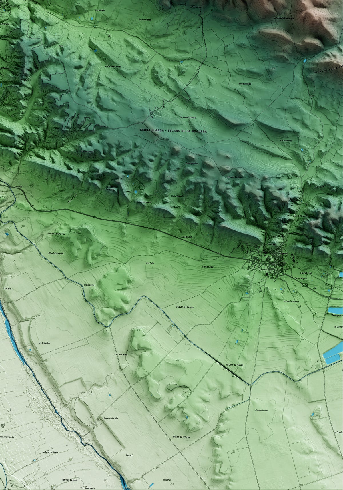 Mapa artístico del relieve de Ivars de Noguera, a la Noguera, con 15 km de entorno y base topográfica ICGC. Detalle de la zona inferior derecha.
