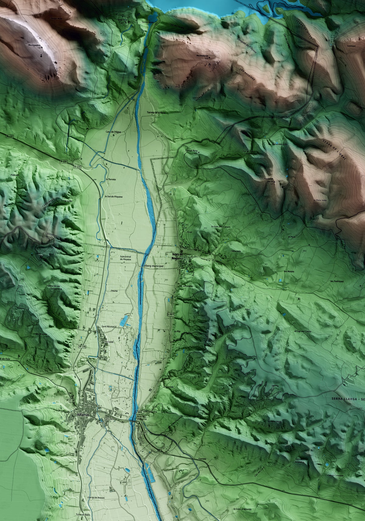 Mapa artístico del relieve de Ivars de Noguera, a la Noguera, con 15 km de entorno y base topográfica ICGC. Detalle de la zona central.