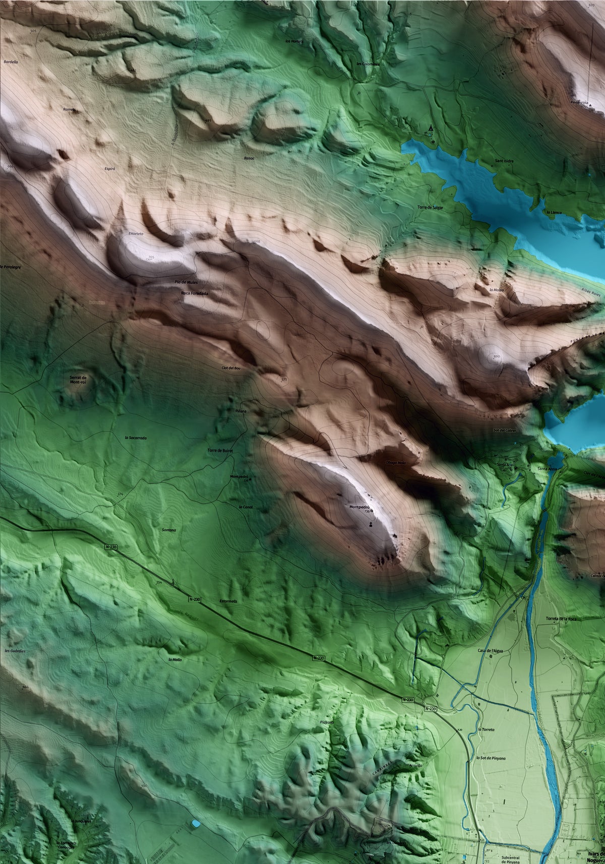 Mapa artístico del relieve de Ivars de Noguera, a la Noguera, con 15 km de entorno y base topográfica ICGC. Detalle de la zona superior izquierda.