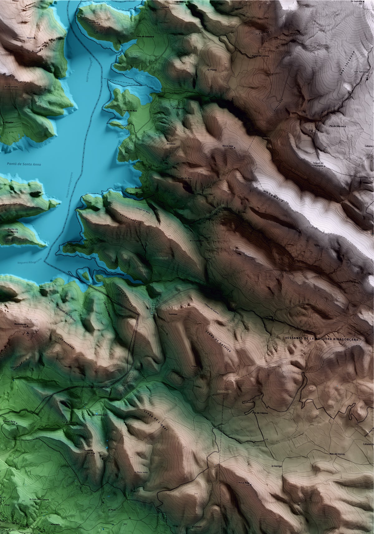 Mapa artístico del relieve de Ivars de Noguera, a la Noguera, con 15 km de entorno y base topográfica ICGC. Detalle de la zona superior derecha.