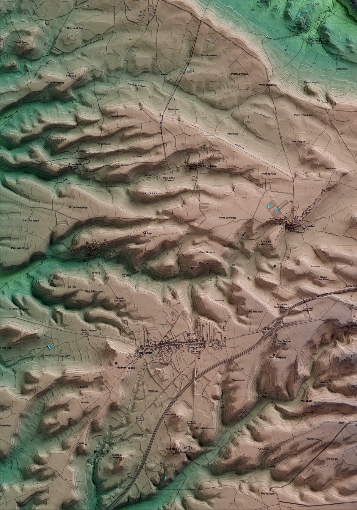 Mapa artístico del relieve de Ivorra, a la Segarra, con 15 km de entorno y base topográfica ICGC. Detalle de la zona inferior izquierda.