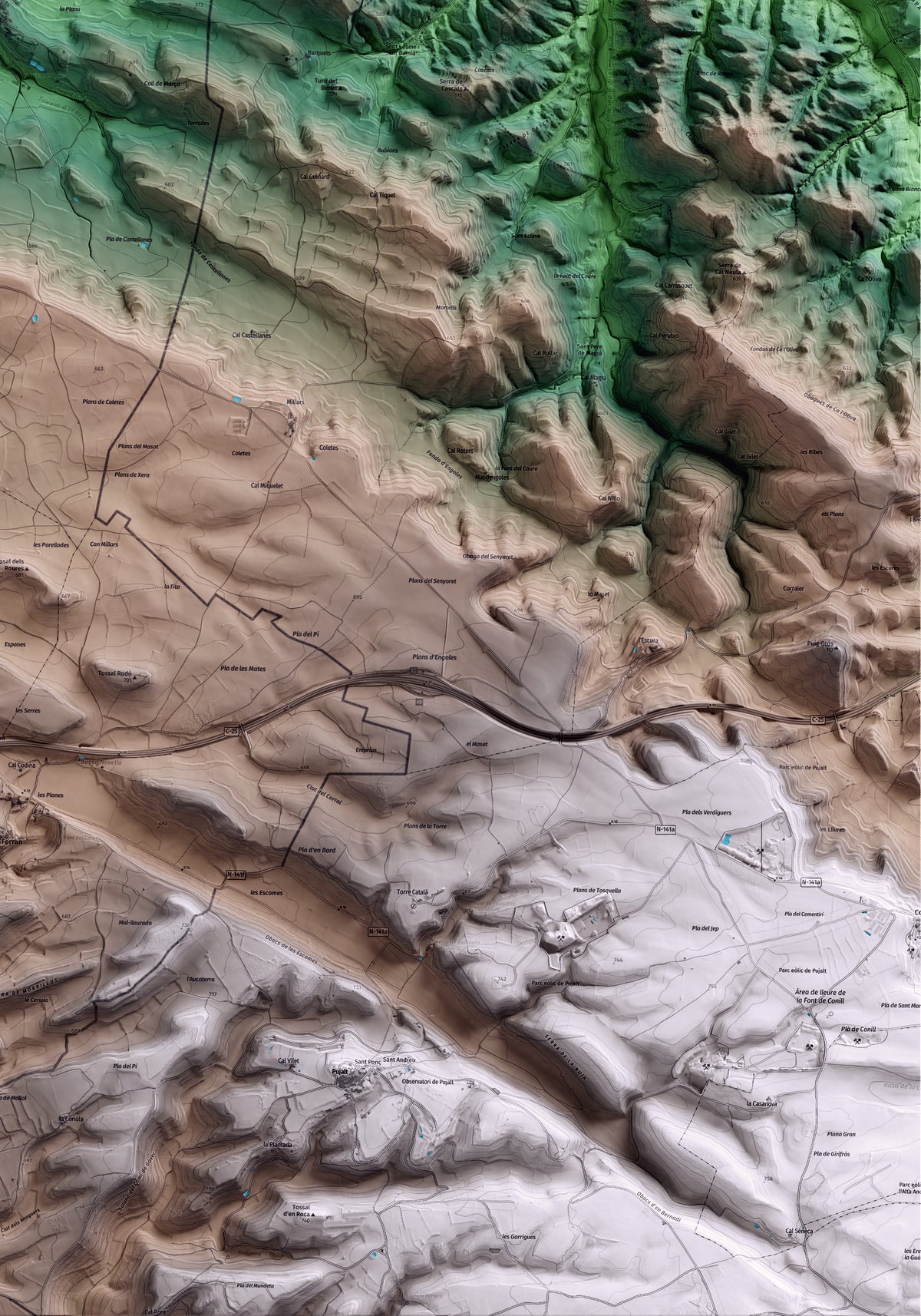 Mapa artístico del relieve de Ivorra, a la Segarra, con 15 km de entorno y base topográfica ICGC. Detalle de la zona inferior derecha.
