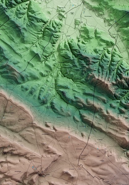 Mapa artístico del relieve de Ivorra, a la Segarra, con 15 km de entorno y base topográfica ICGC. Detalle de la zona central.