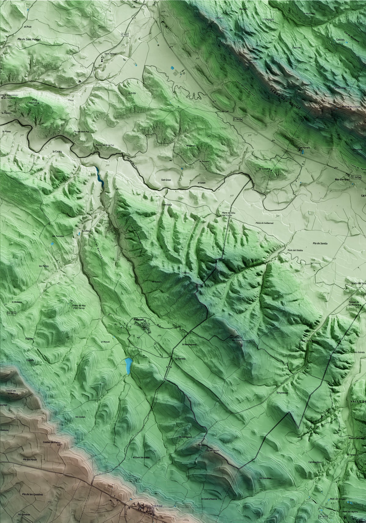 Mapa artístico del relieve de Ivorra, a la Segarra, con 15 km de entorno y base topográfica ICGC. Detalle de la zona superior izquierda.