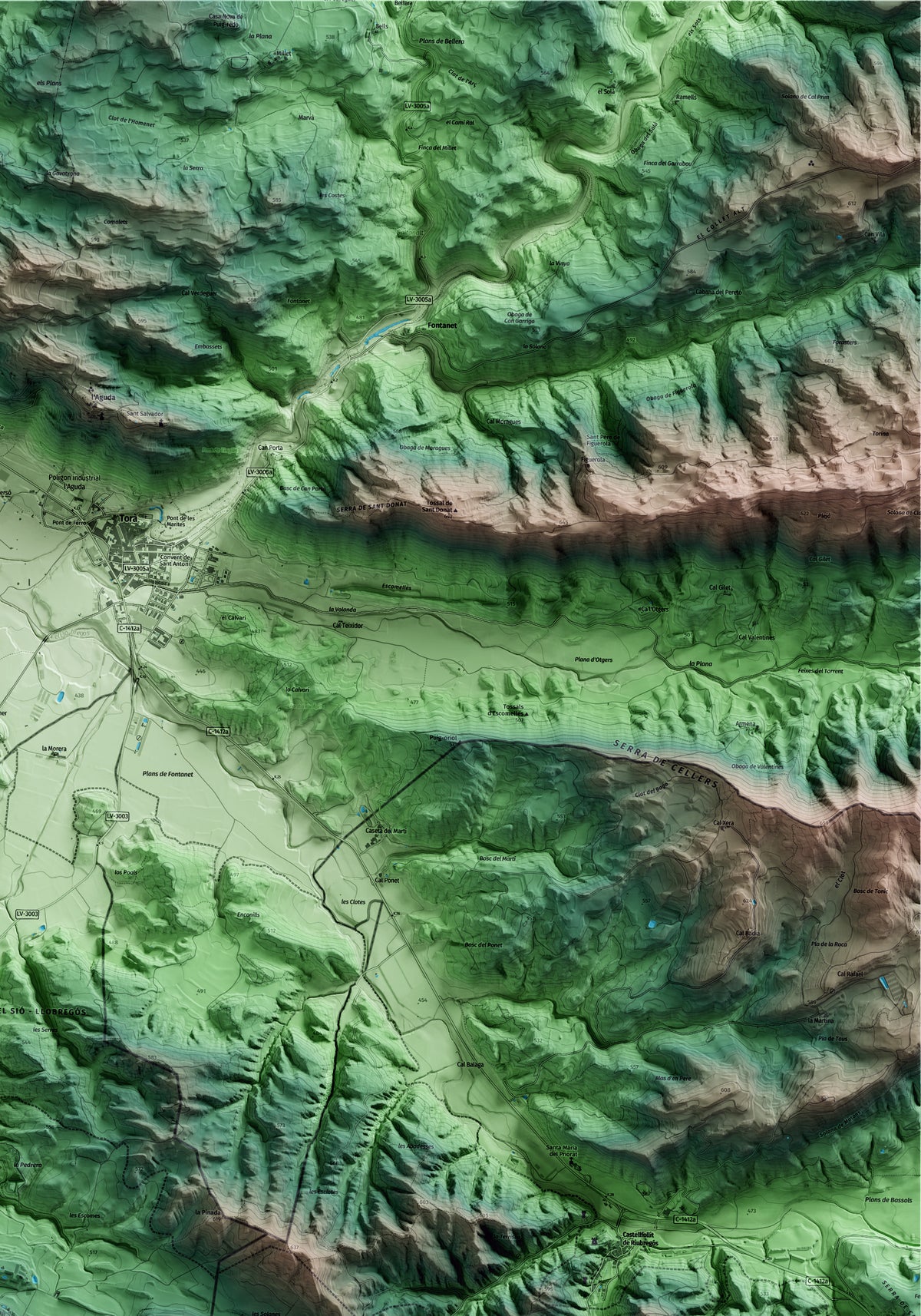 Mapa artístico del relieve de Ivorra, a la Segarra, con 15 km de entorno y base topográfica ICGC. Detalle de la zona superior derecha.