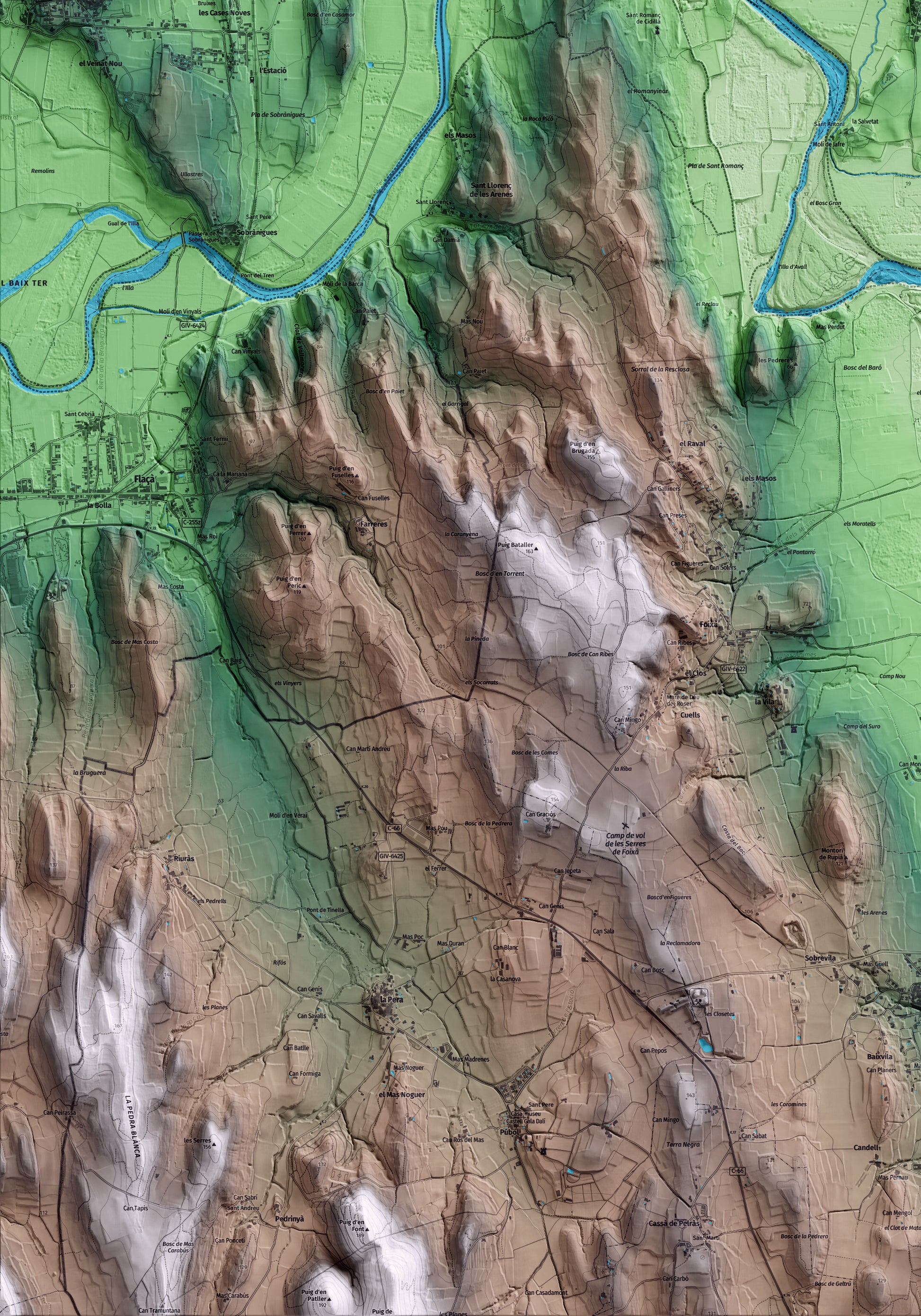 Mapa artístico del relieve de Jafre, al Baix Empordà, con 15 km de entorno y base topográfica ICGC. Detalle de la zona inferior izquierda.