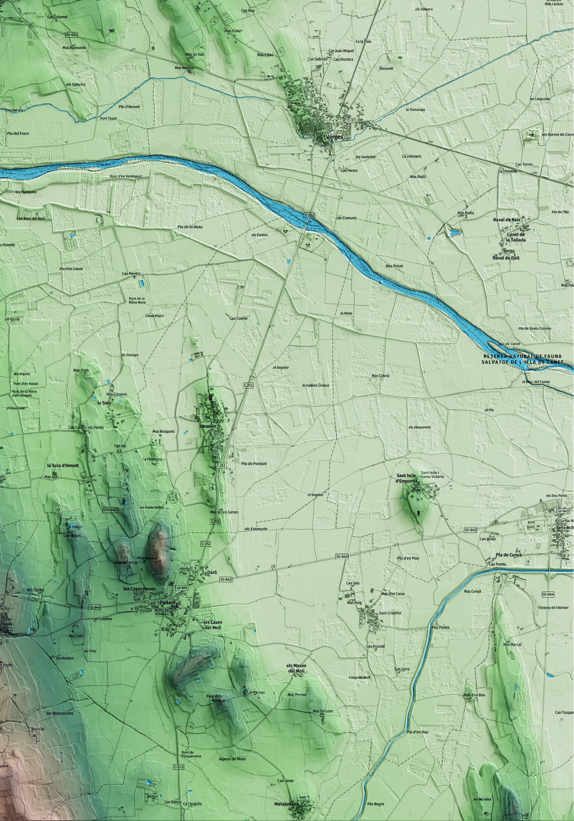Mapa artístico del relieve de Jafre, al Baix Empordà, con 15 km de entorno y base topográfica ICGC. Detalle de la zona inferior derecha.