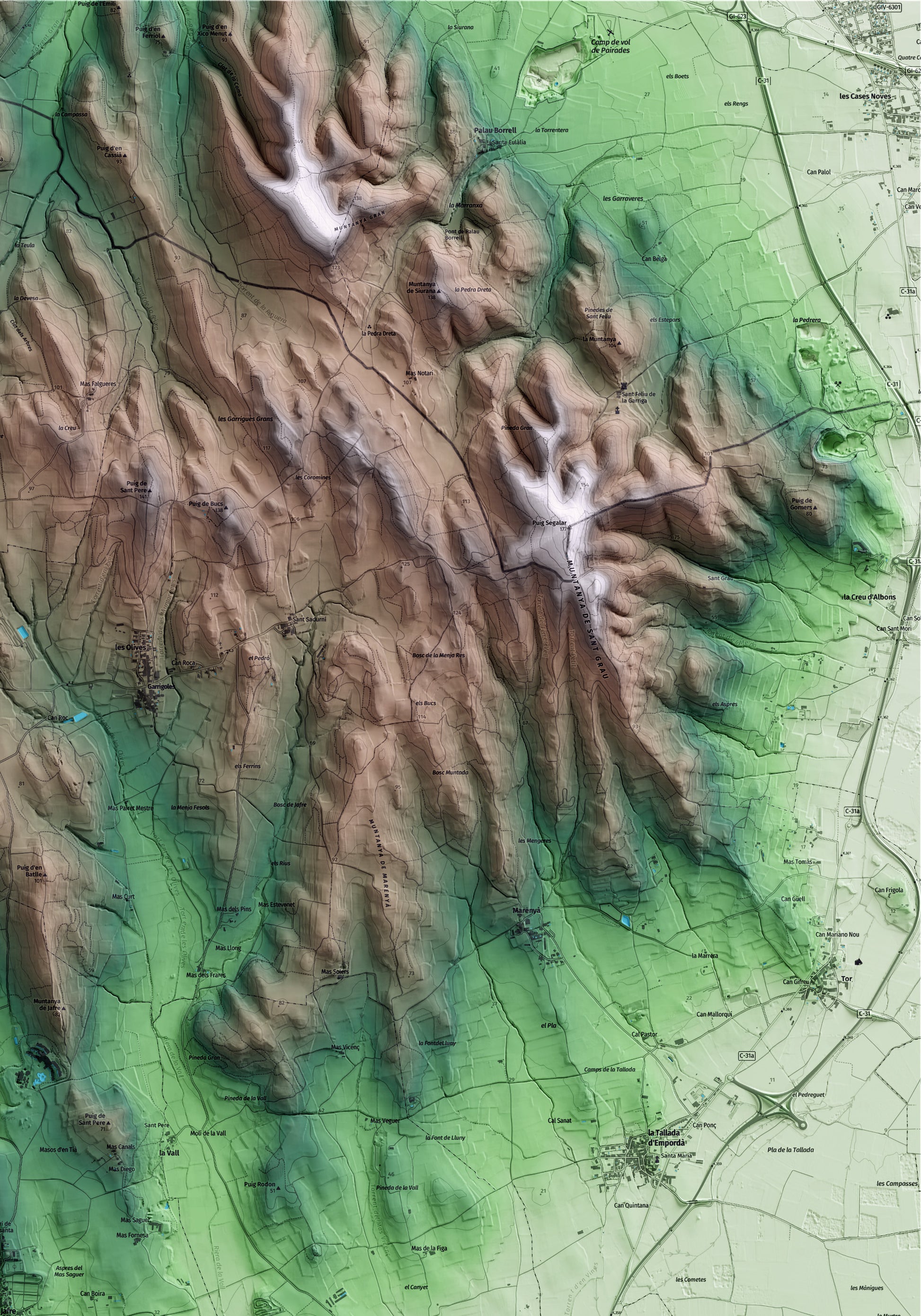 Mapa artístico del relieve de Jafre, al Baix Empordà, con 15 km de entorno y base topográfica ICGC. Detalle de la zona superior derecha.