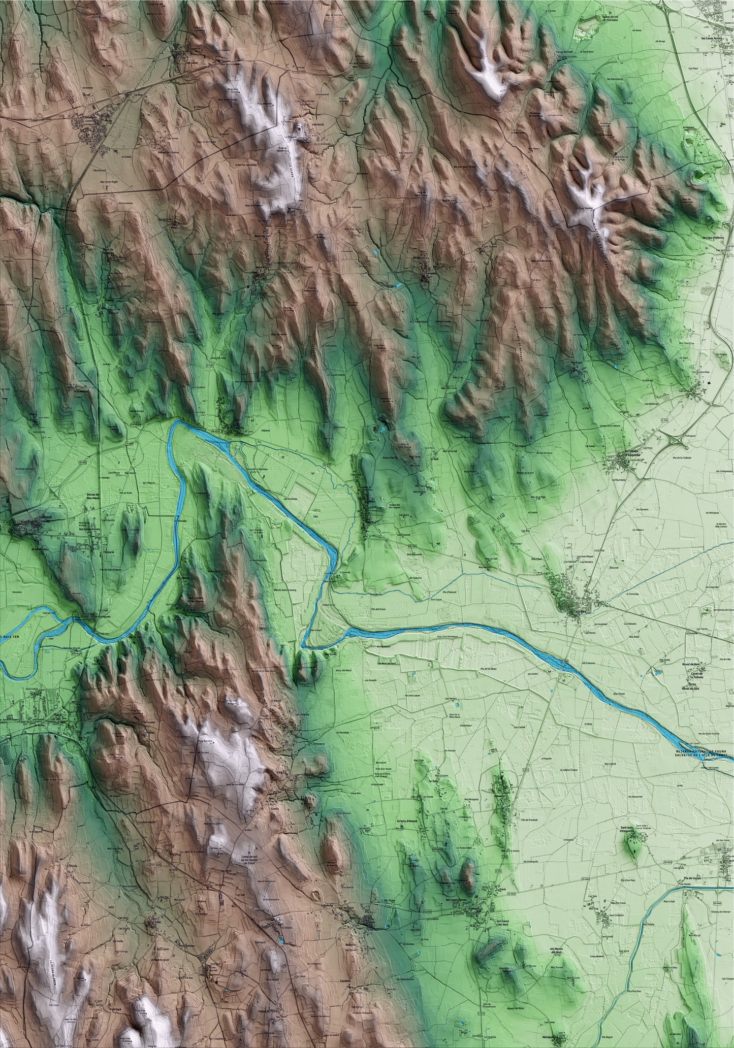 Mapa artístico del relieve de Jafre, al Baix Empordà, con 15 km de entorno y base topográfica ICGC