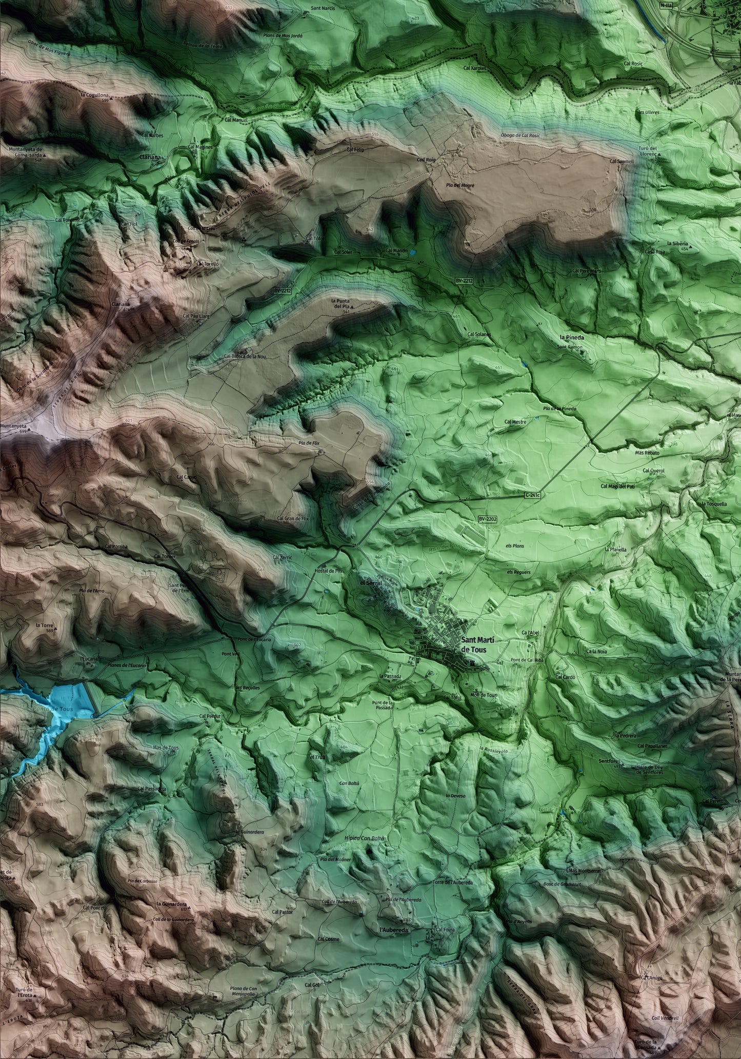 Mapa artístico del relieve de Jorba, al Anoia, con 15 km de entorno y base topográfica ICGC. Detalle de la zona inferior izquierda.