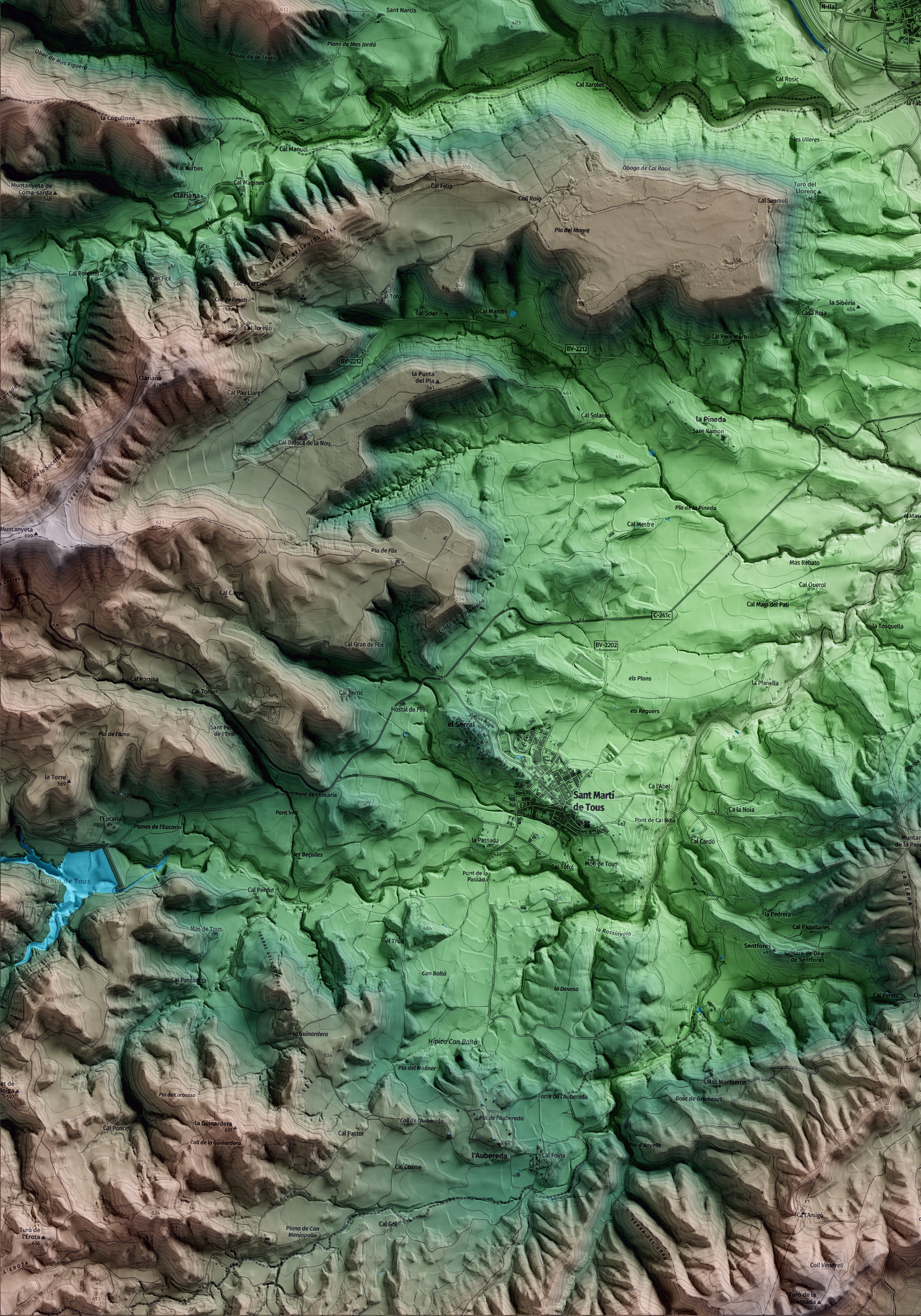 Mapa artístico del relieve de Jorba, al Anoia, con 15 km de entorno y base topográfica ICGC. Detalle de la zona inferior izquierda.