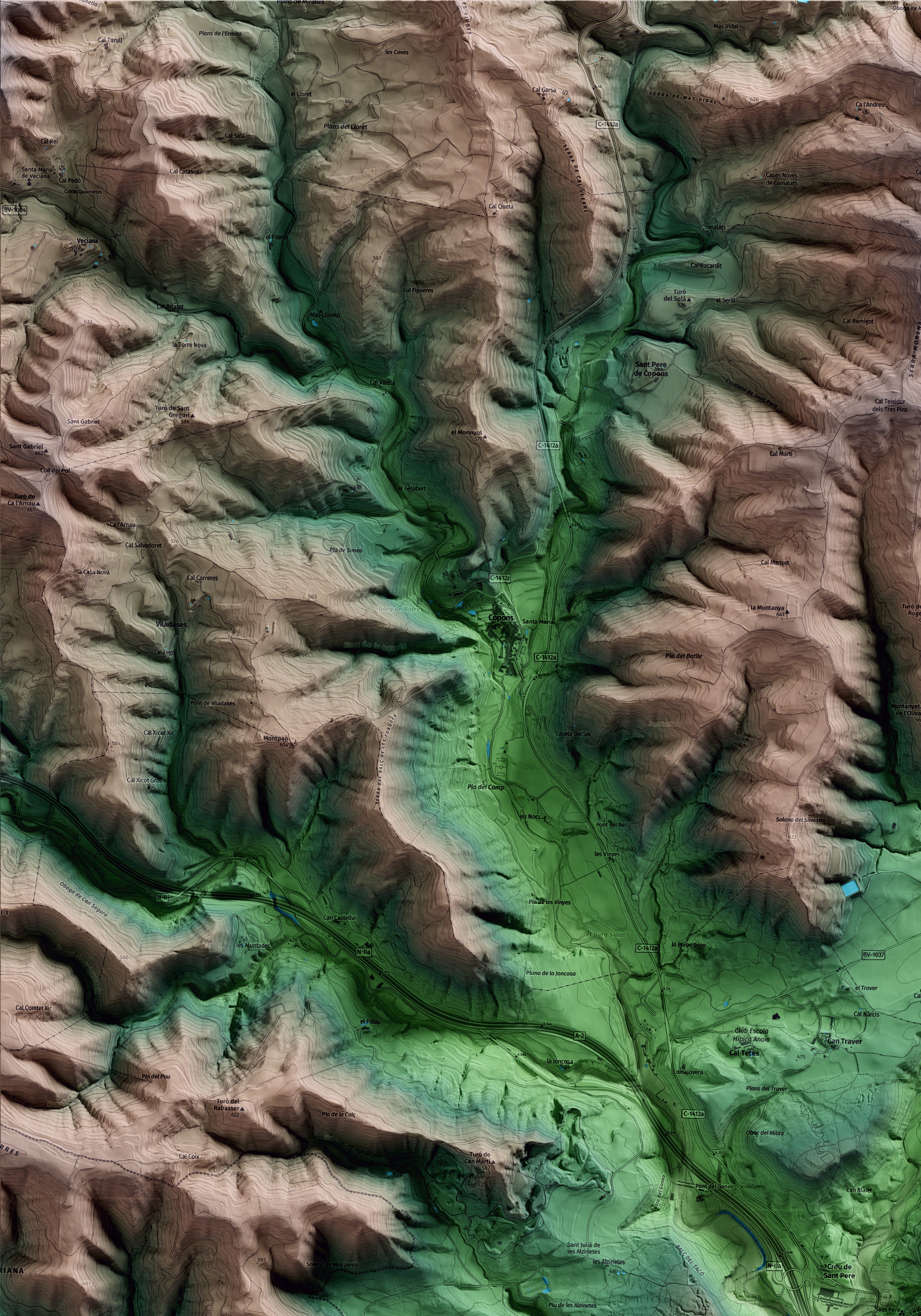 Mapa artístico del relieve de Jorba, al Anoia, con 15 km de entorno y base topográfica ICGC. Detalle de la zona superior izquierda.