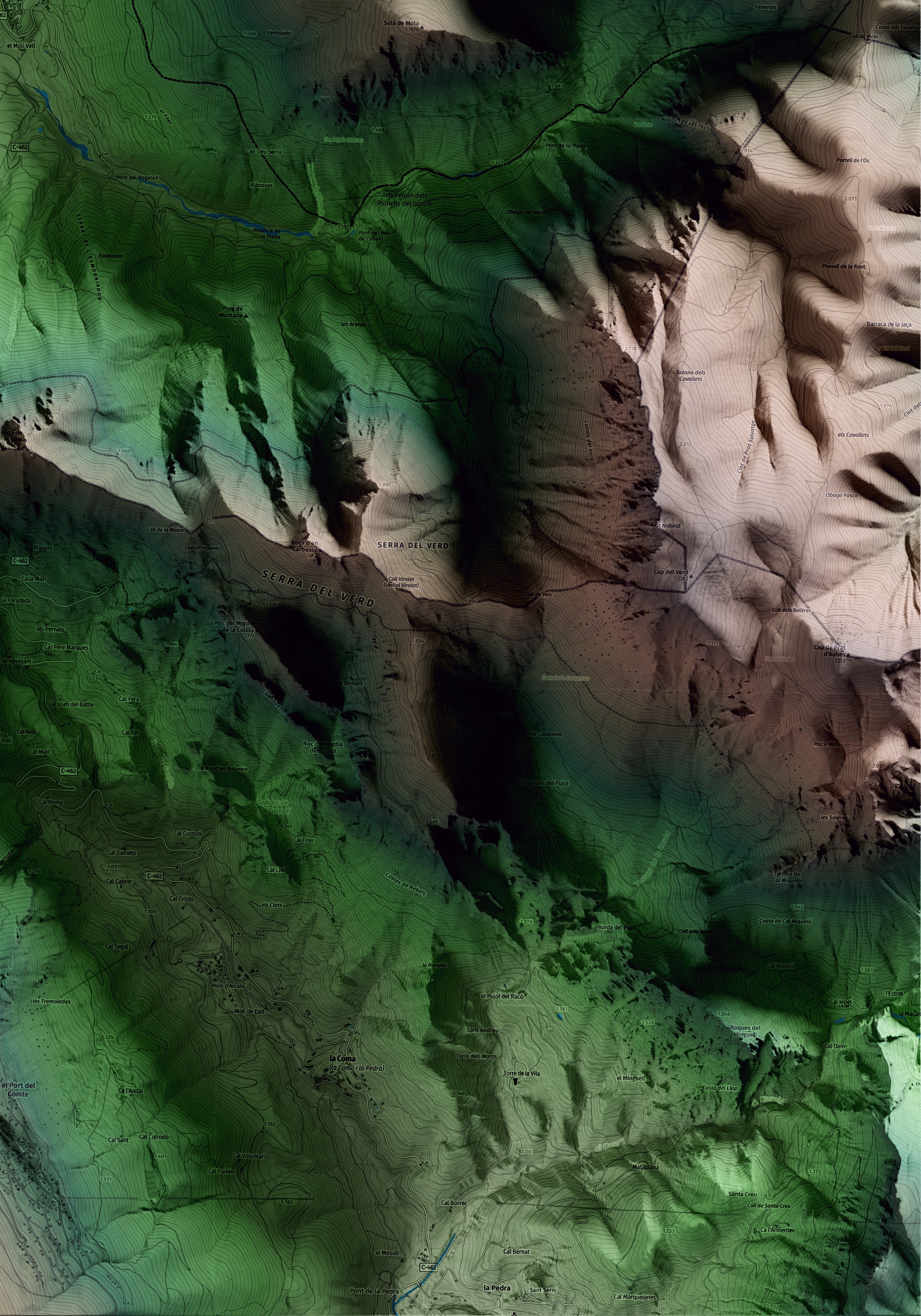 Mapa artístico del relieve de Josa i Tuixén, al Alt Urgell, con 15 km de entorno y base topográfica ICGC. Detalle de la zona inferior derecha.