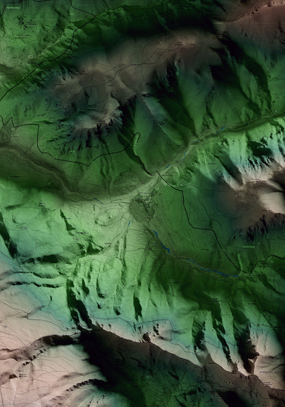 Mapa artístico del relieve de Josa i Tuixén, al Alt Urgell, con 15 km de entorno y base topográfica ICGC. Detalle de la zona central.