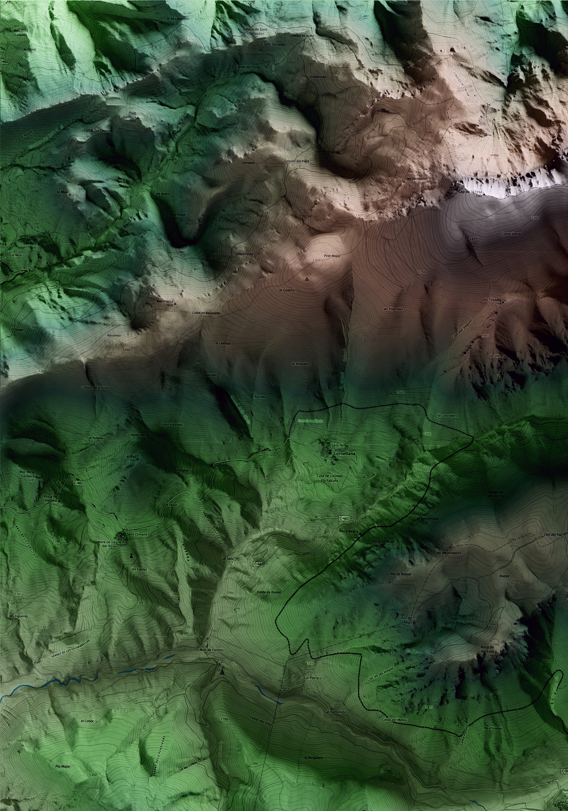 Mapa artístico del relieve de Josa i Tuixén, al Alt Urgell, con 15 km de entorno y base topográfica ICGC. Detalle de la zona superior izquierda.