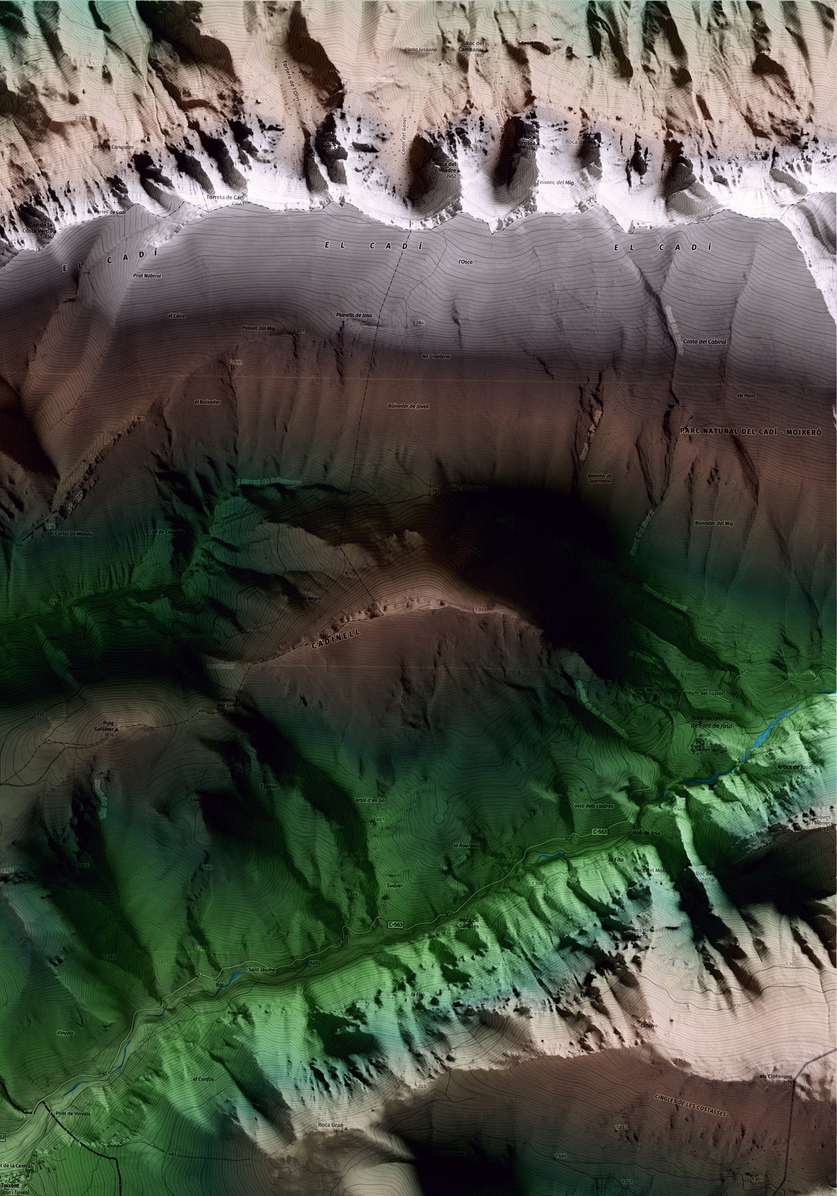 Mapa artístico del relieve de Josa i Tuixén, al Alt Urgell, con 15 km de entorno y base topográfica ICGC. Detalle de la zona superior derecha.