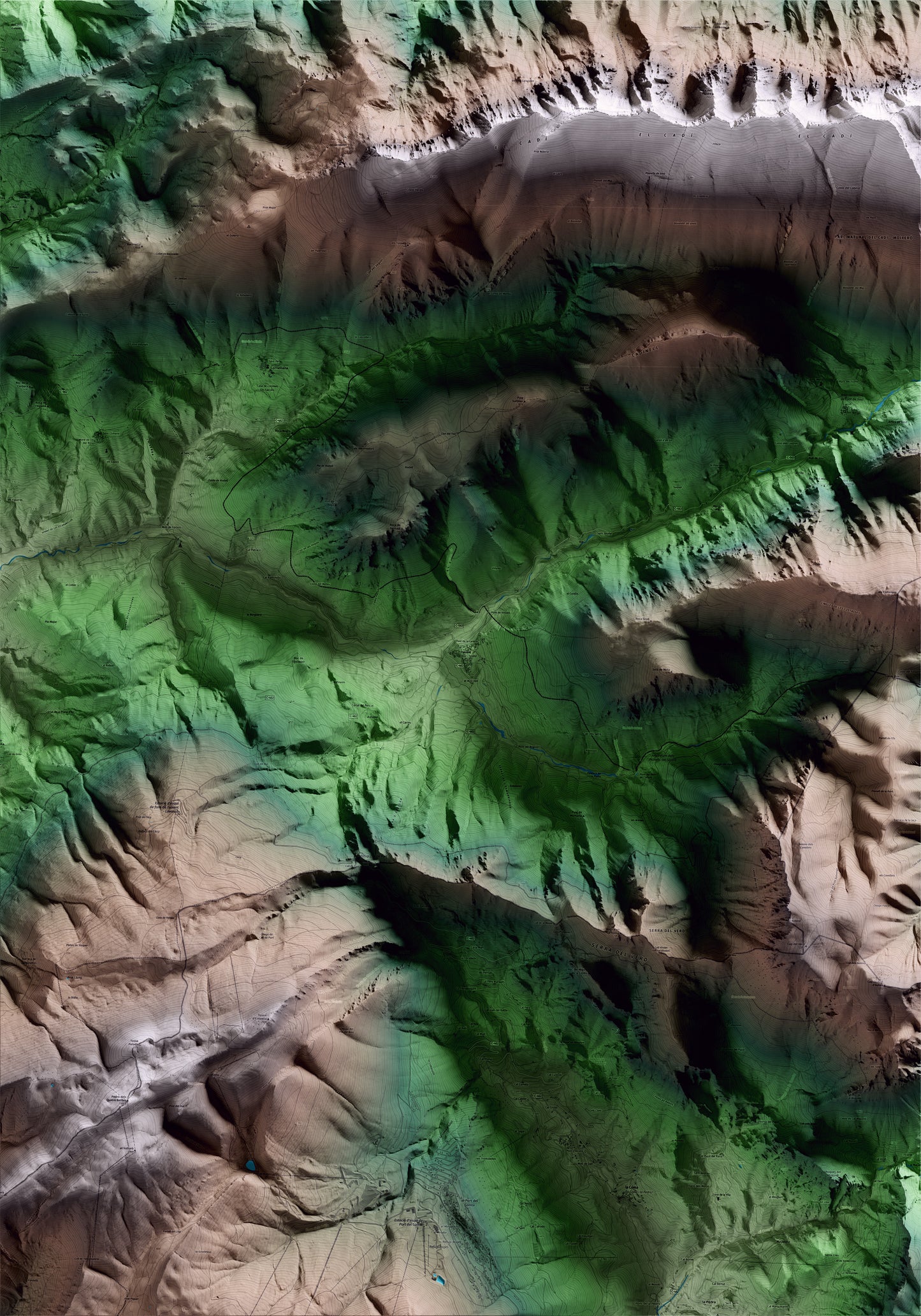 Mapa artístico del relieve de Josa i Tuixén, al Alt Urgell, con 15 km de entorno y base topográfica ICGC