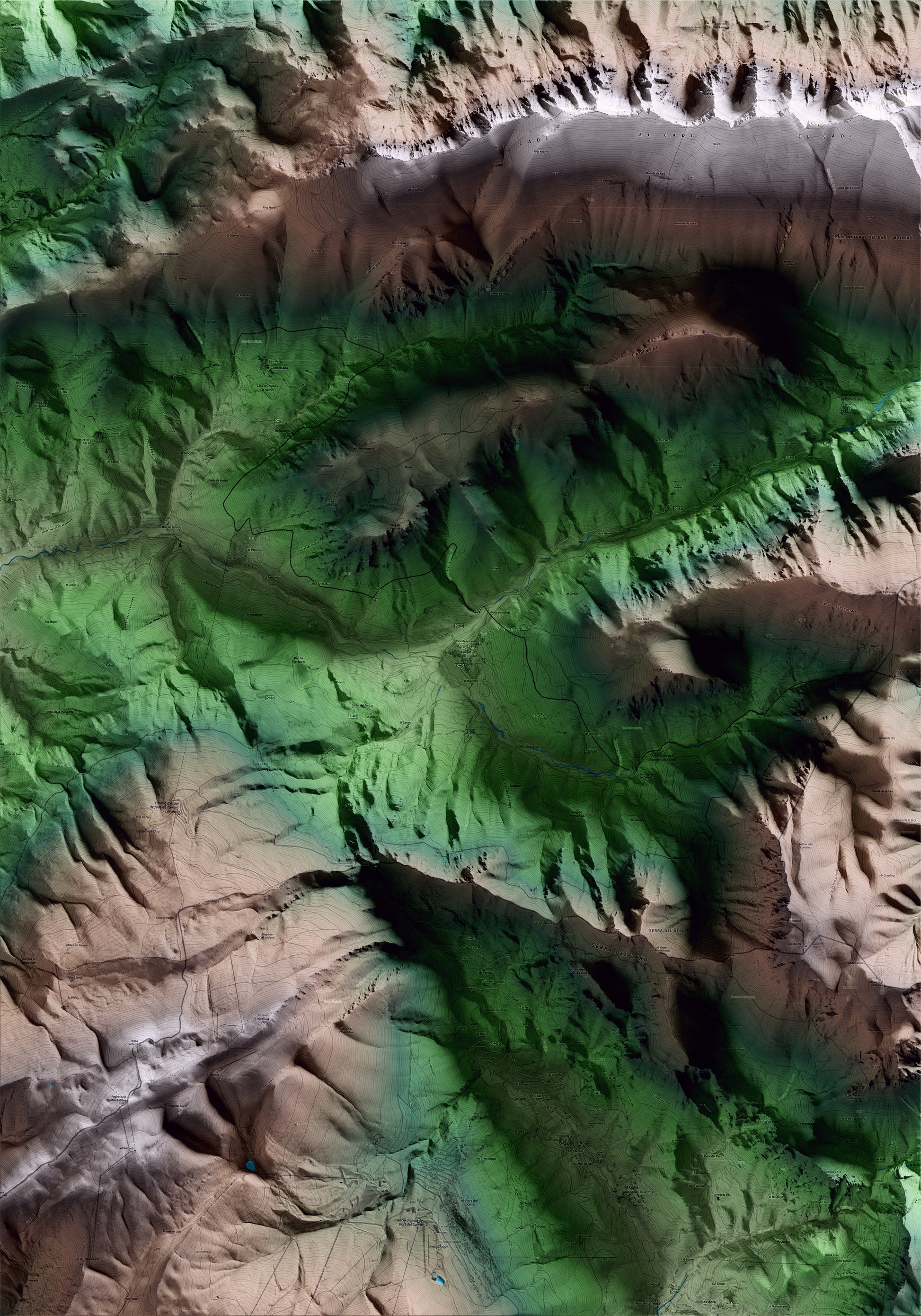 Mapa artístico del relieve de Josa i Tuixén, al Alt Urgell, con 15 km de entorno y base topográfica ICGC