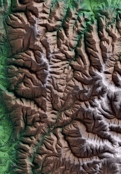 Mapa artístico del relieve de Juià, al Gironès, con 15 km de entorno y base topográfica ICGC. Detalle de la zona inferior izquierda.