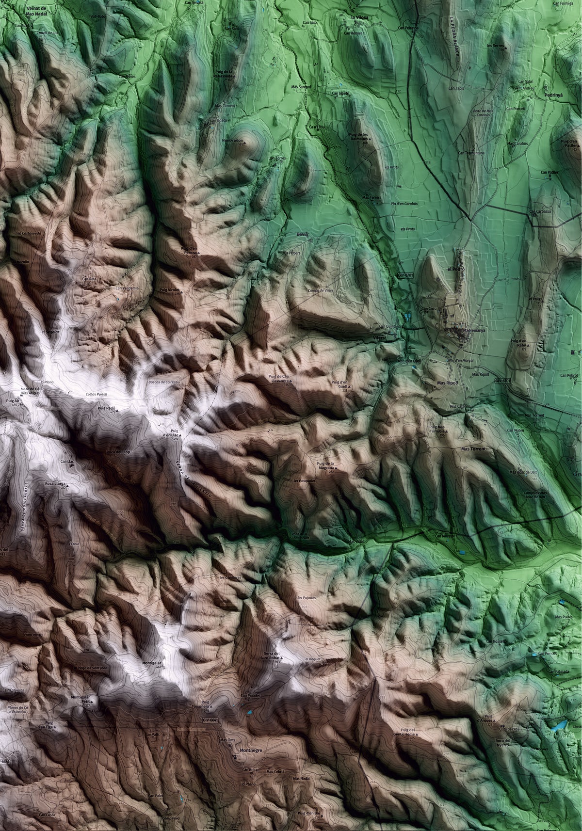 Mapa artístico del relieve de Juià, al Gironès, con 15 km de entorno y base topográfica ICGC. Detalle de la zona inferior derecha.