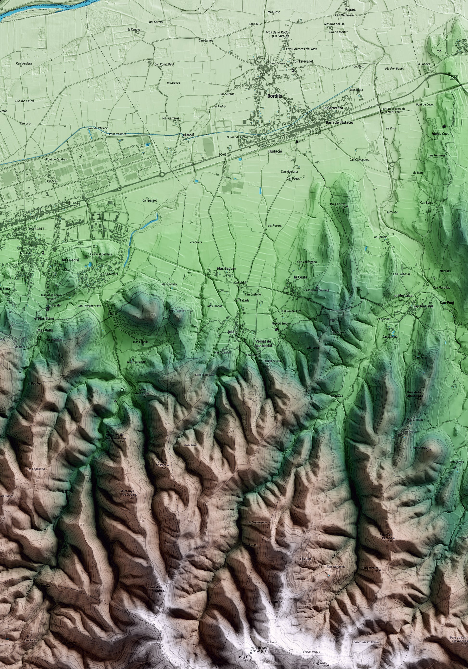 Mapa artístico del relieve de Juià, al Gironès, con 15 km de entorno y base topográfica ICGC. Detalle de la zona central.