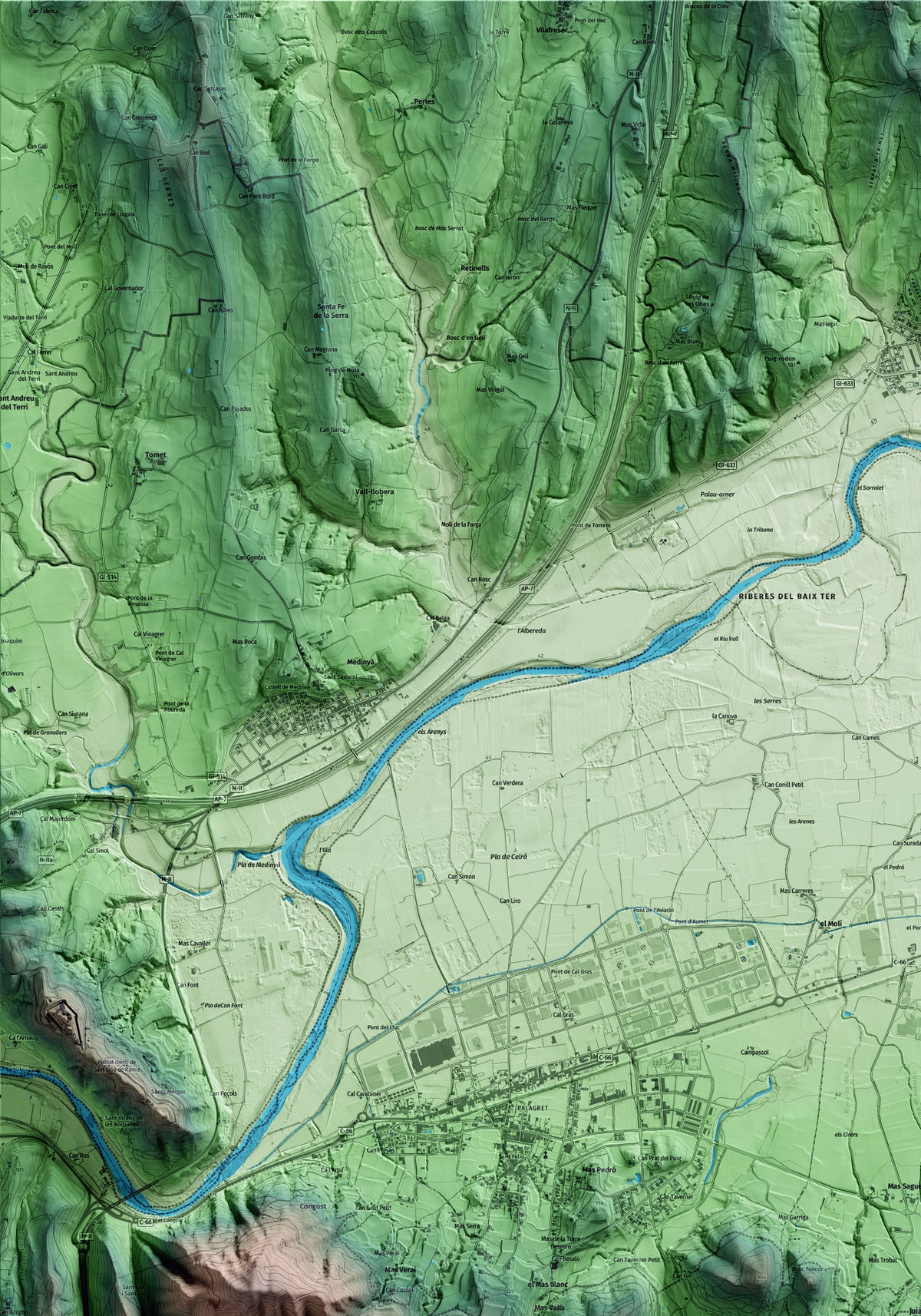 Mapa artístico del relieve de Juià, al Gironès, con 15 km de entorno y base topográfica ICGC. Detalle de la zona superior izquierda.