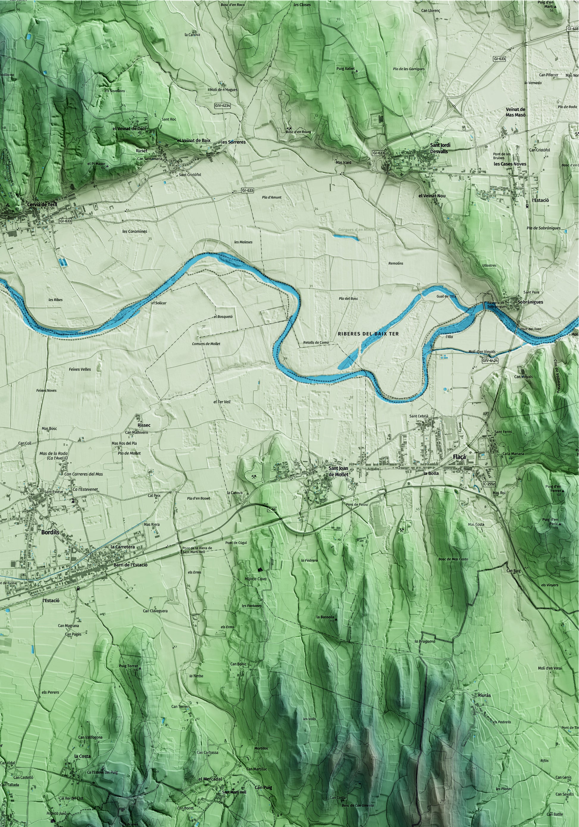 Mapa artístico del relieve de Juià, al Gironès, con 15 km de entorno y base topográfica ICGC. Detalle de la zona superior derecha.
