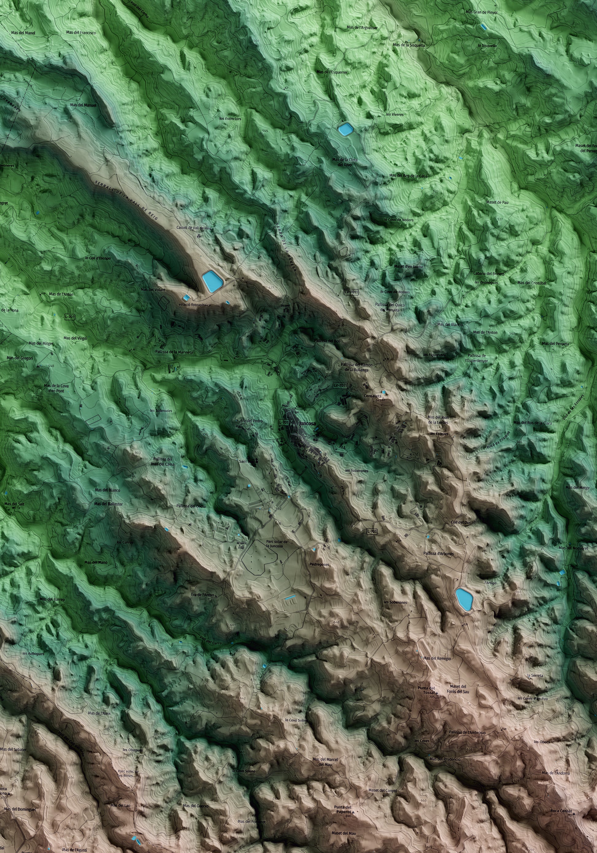 Mapa artístico del relieve de Juncosa, a las Garrigues, con 15 km de entorno y base topográfica ICGC. Detalle de la zona central.