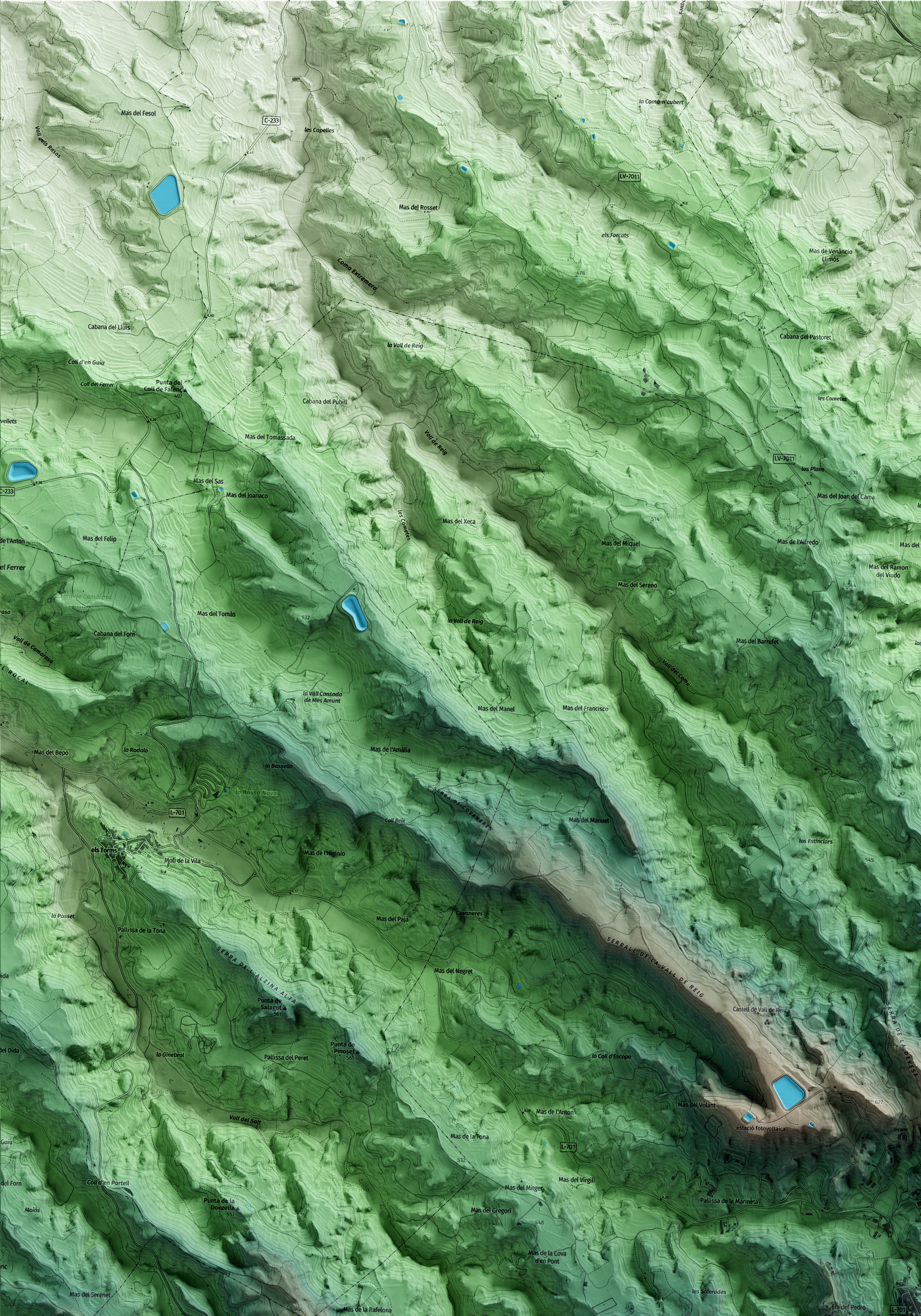 Mapa artístico del relieve de Juncosa, a las Garrigues, con 15 km de entorno y base topográfica ICGC. Detalle de la zona superior izquierda.