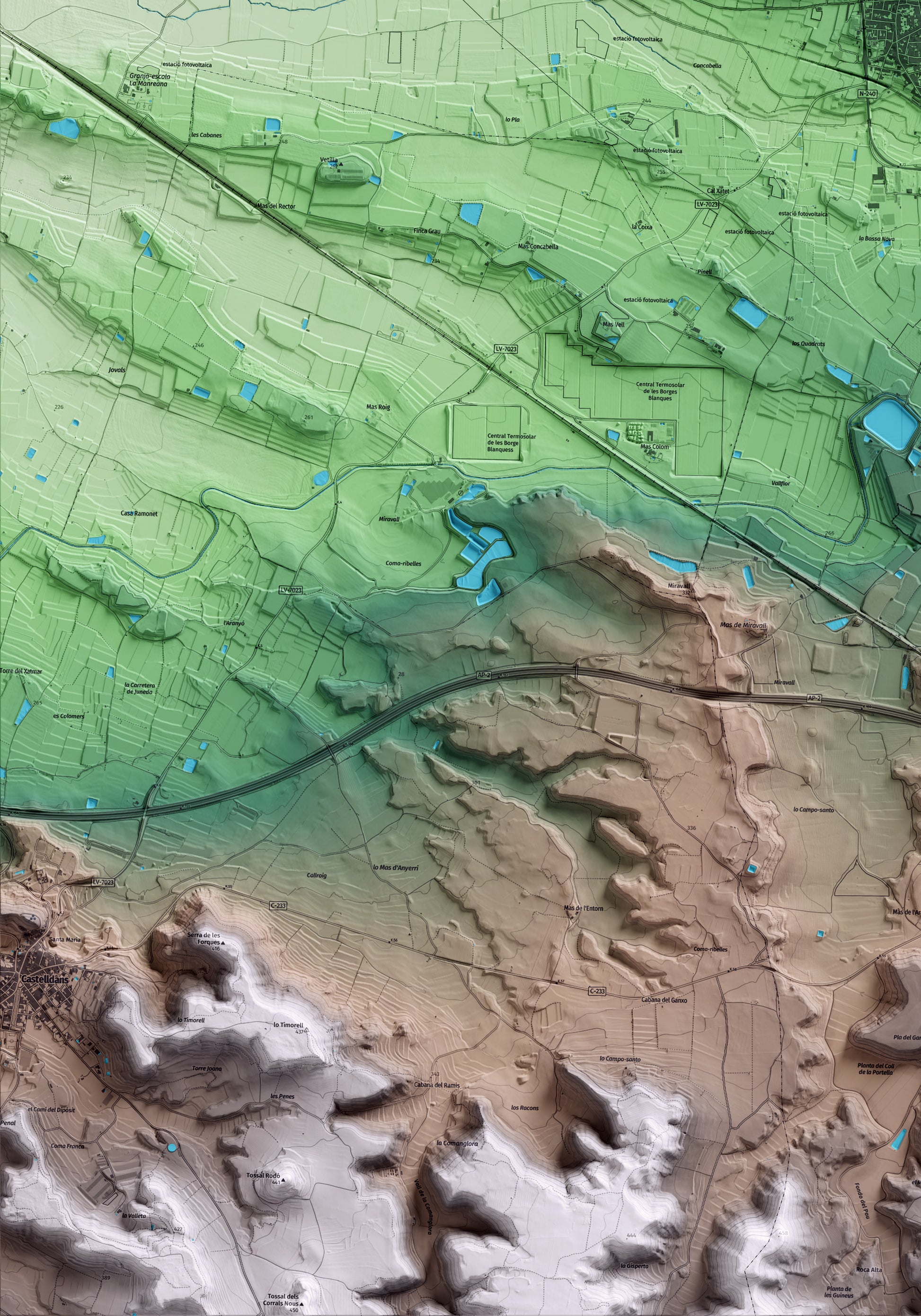 Mapa artístico del relieve de Juneda, a las Garrigues, con 15 km de entorno y base topográfica ICGC. Detalle de la zona inferior izquierda.