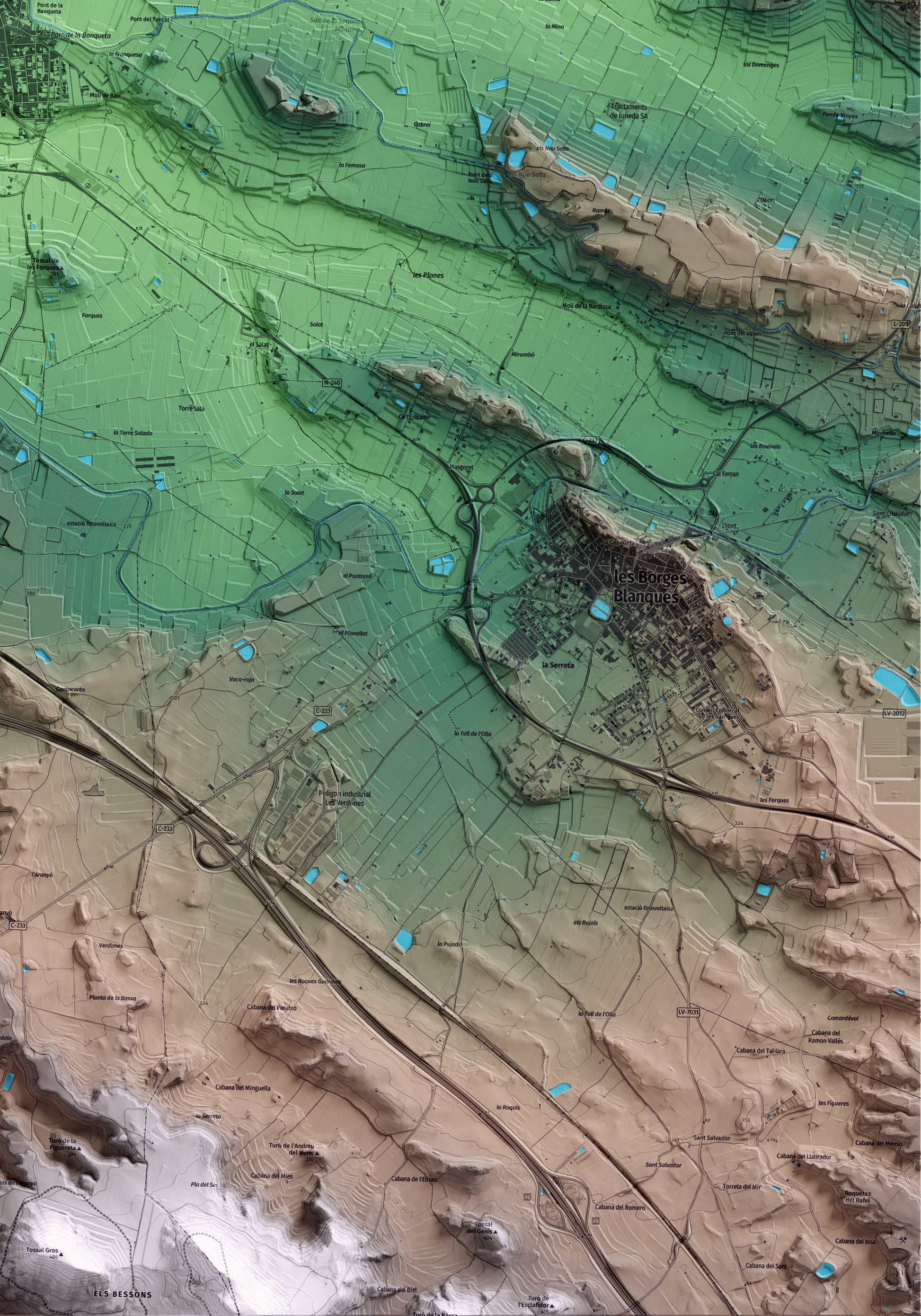 Mapa artístico del relieve de Juneda, a las Garrigues, con 15 km de entorno y base topográfica ICGC. Detalle de la zona inferior derecha.