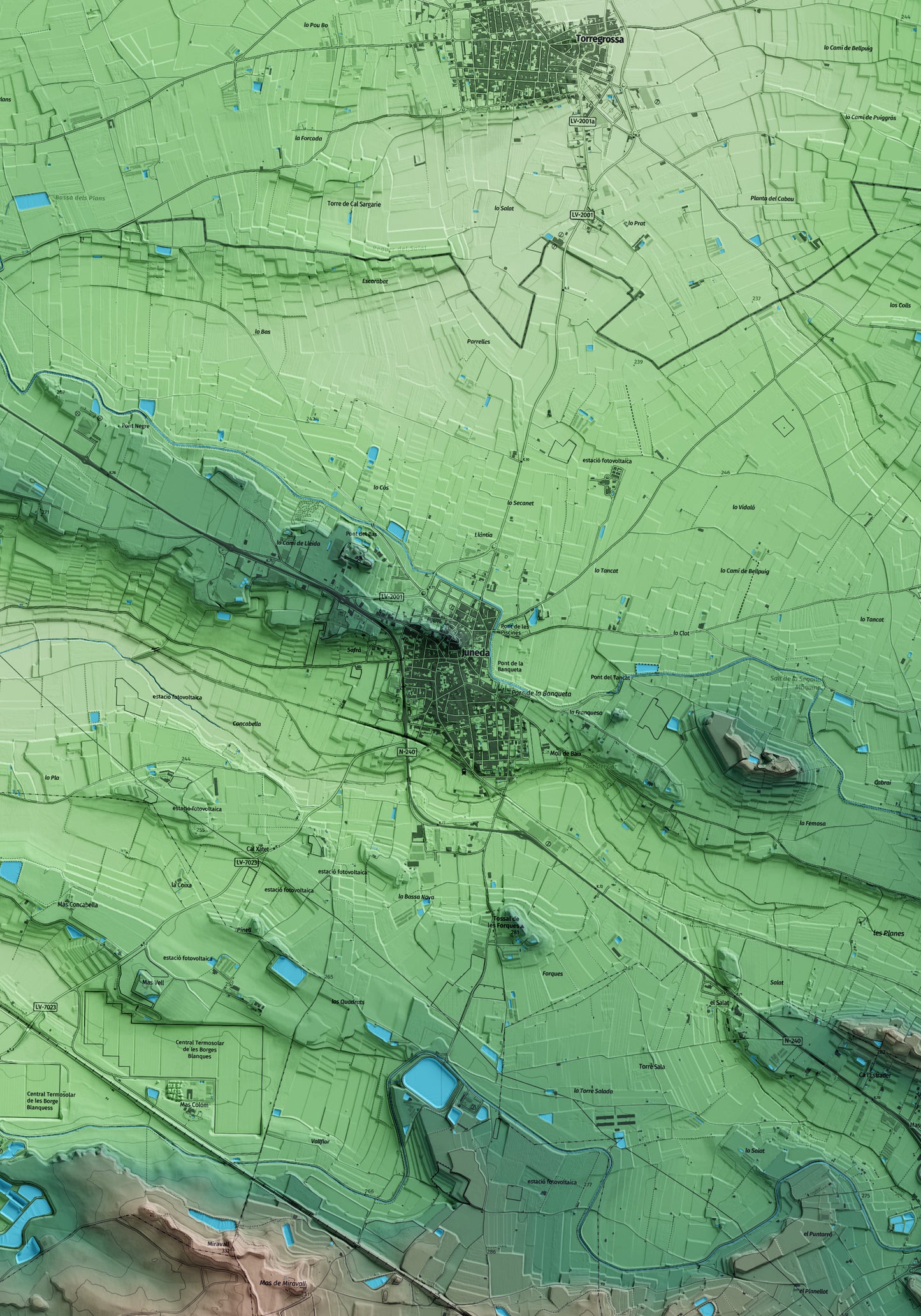 Mapa artístico del relieve de Juneda, a las Garrigues, con 15 km de entorno y base topográfica ICGC. Detalle de la zona central.
