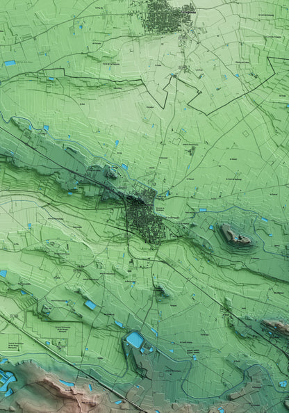 Mapa artístico del relieve de Juneda, a las Garrigues, con 15 km de entorno y base topográfica ICGC. Detalle de la zona central.