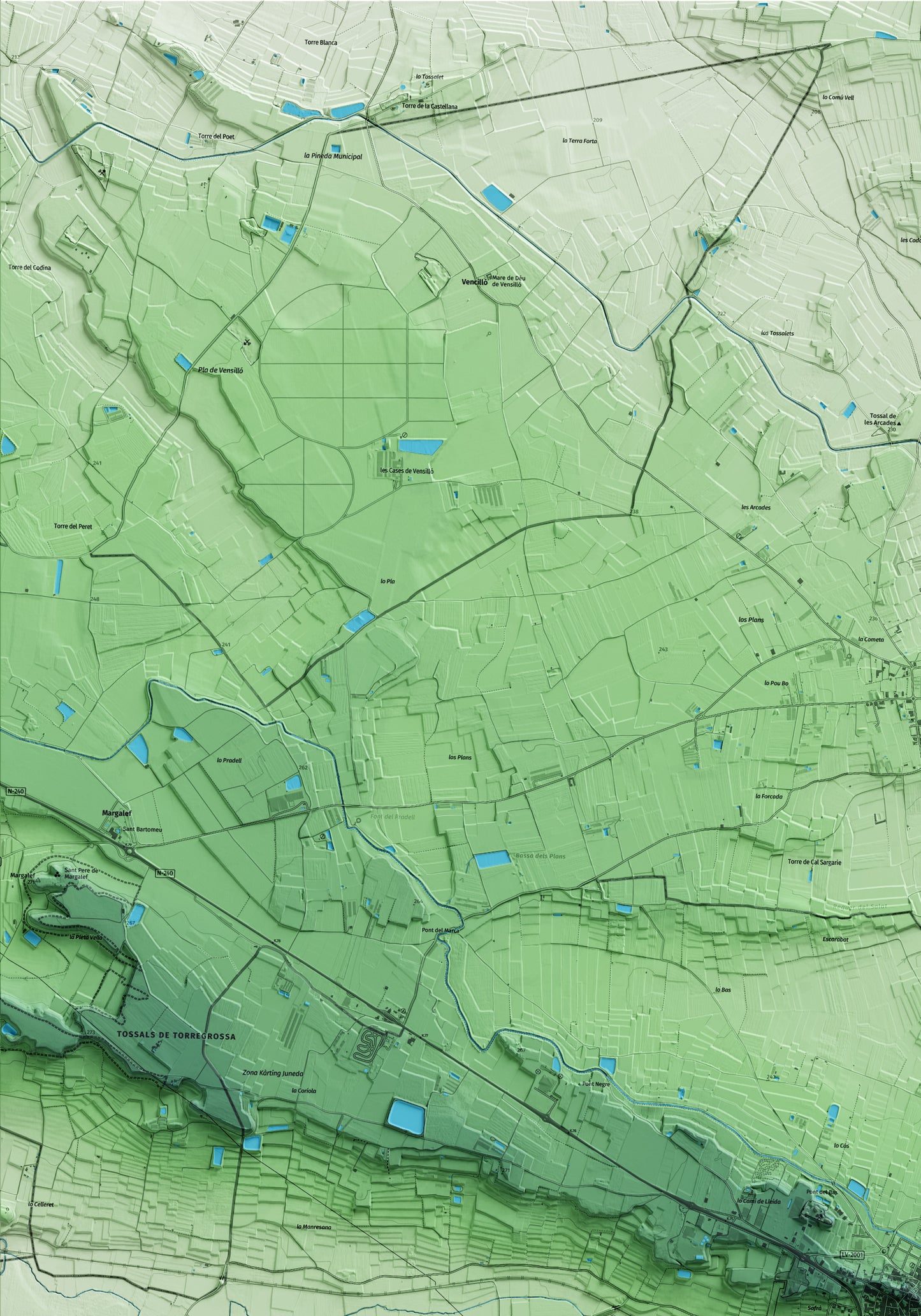 Mapa artístico del relieve de Juneda, a las Garrigues, con 15 km de entorno y base topográfica ICGC. Detalle de la zona superior izquierda.