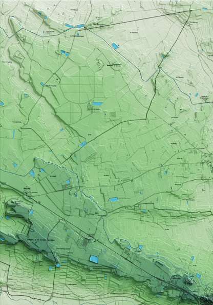 Mapa artístico del relieve de Juneda, a las Garrigues, con 15 km de entorno y base topográfica ICGC. Detalle de la zona superior izquierda.